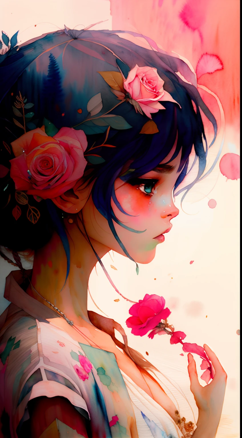 wtrcolor style, (rose) digital art, official art, blown by the wind, masterpiece, beautiful, ((watercolor)), paint splatter, intricate detail. Great detail, [dripping:0.7], Trending on Artstation, Rachel Walker
