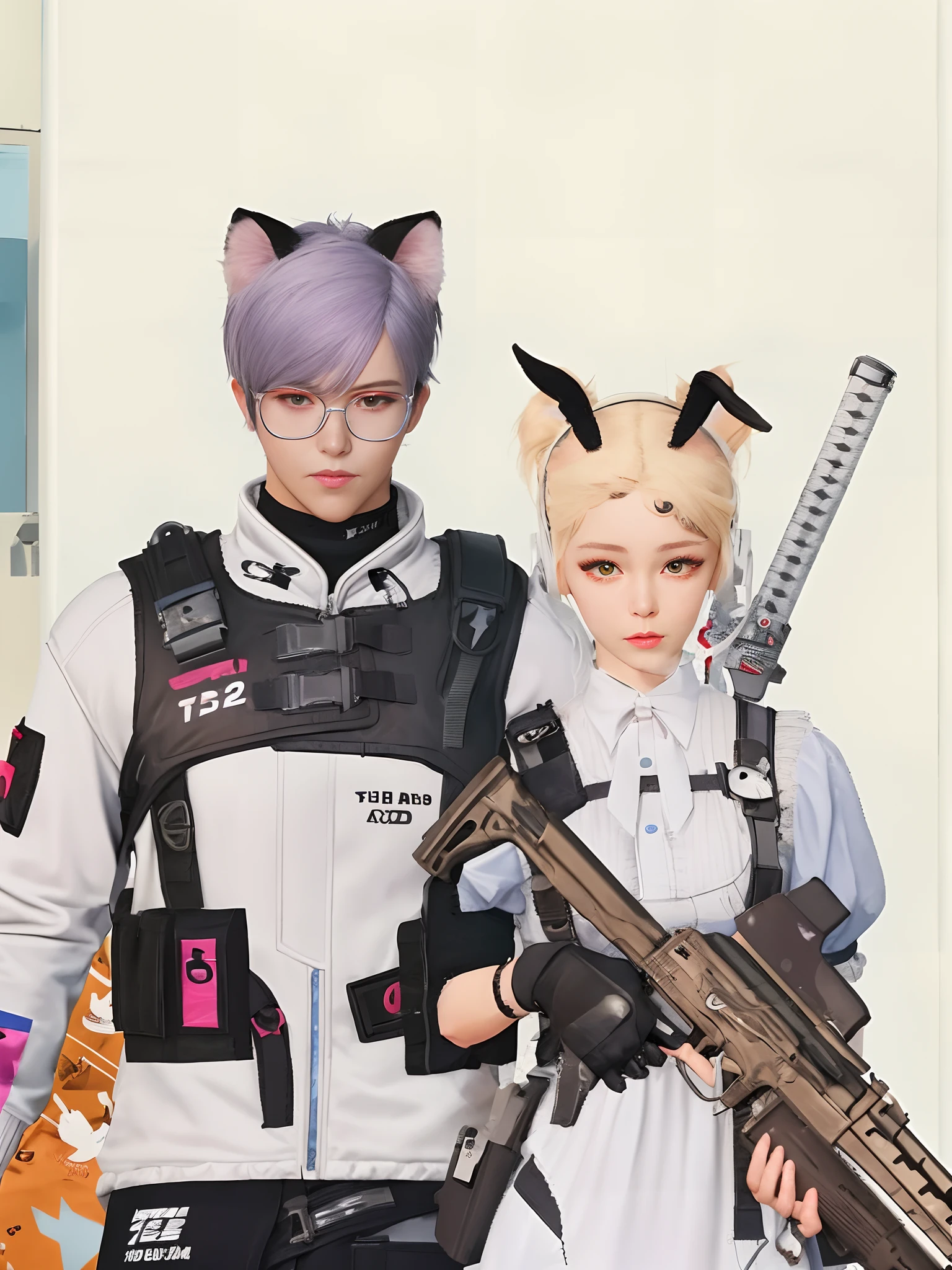 anime characters dressed in costumes holding weapons and posing for a picture, girls frontline style, m4 sopmod ii girls frontline, lunar themed attire, e-girl, e - girl, full soldier clothing, white ( cat ) girl, guweiz, wearing cybernetic bunny ears, cyberpunk outfits, medium shot of two characters, from girls frontline