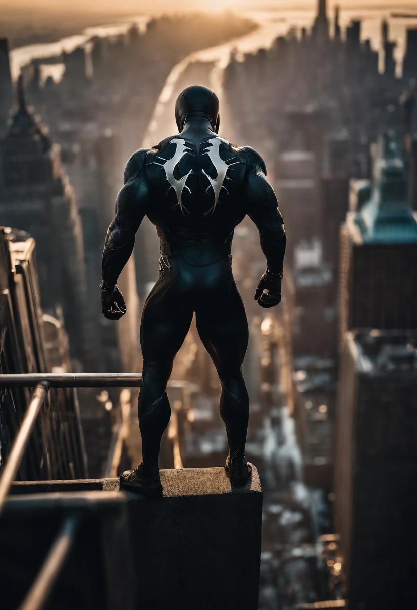 Venom standing ontop of the empire state building looking down on NYC as he holds on with one arm, cinematic, dramatic light, golden hour, haze