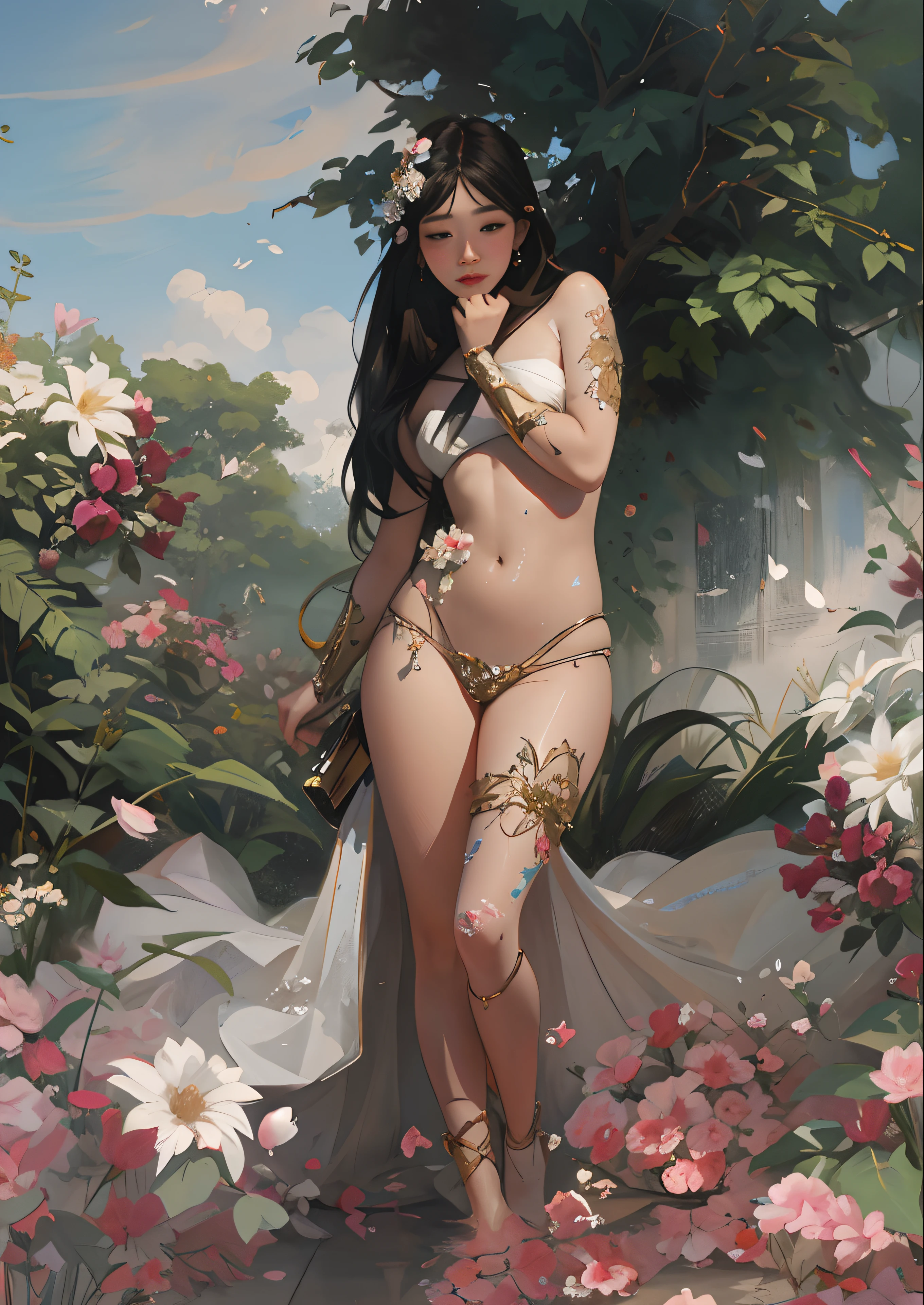 Arafado woman in a white dress standing in a flower garden, Obra maestra de Guweiz, Arte WLOP, WLOP | Artgerm, por Yang J, WLOP y Krenz Cushart, a beautiful empress of fantasy, Diosa de las flores, Guweiz, Arte de Wlop, WLOP y ROSS Tran, Guweiz en Artstation Pixiv