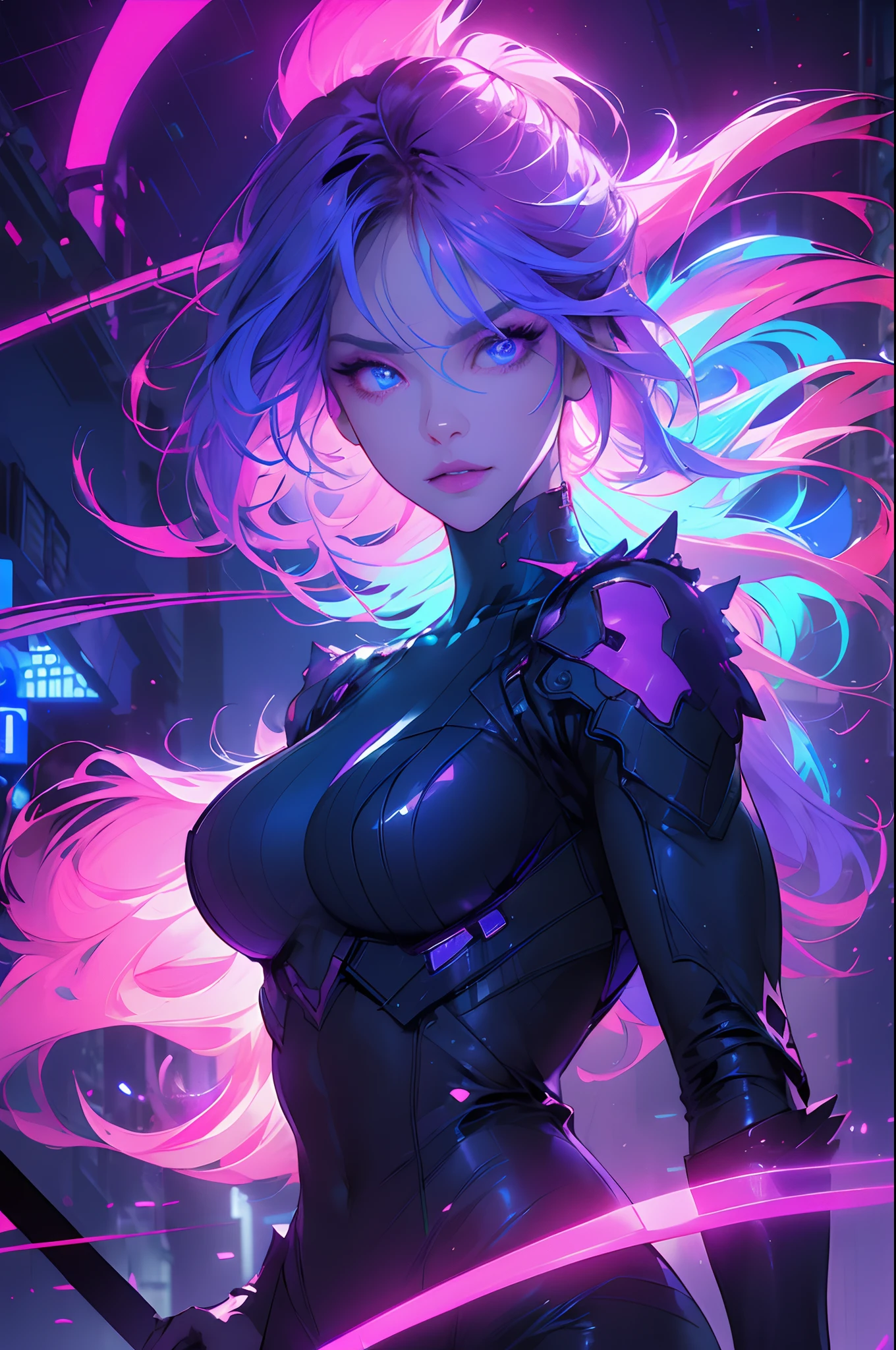 Facing the audience，(Masterpiece, Top quality, Best quality, offcial art, Beautiful and aesthetic:1.2),(Blue-violet Neon Lighting), (Vibrant glow), Dynamic colors, Striking contrast, futuristic vibe, electric energy,shiny reflective surfaces,(Cityscape:1.3),8K,offical wallpaper, 最好质量，It is better to draw style，