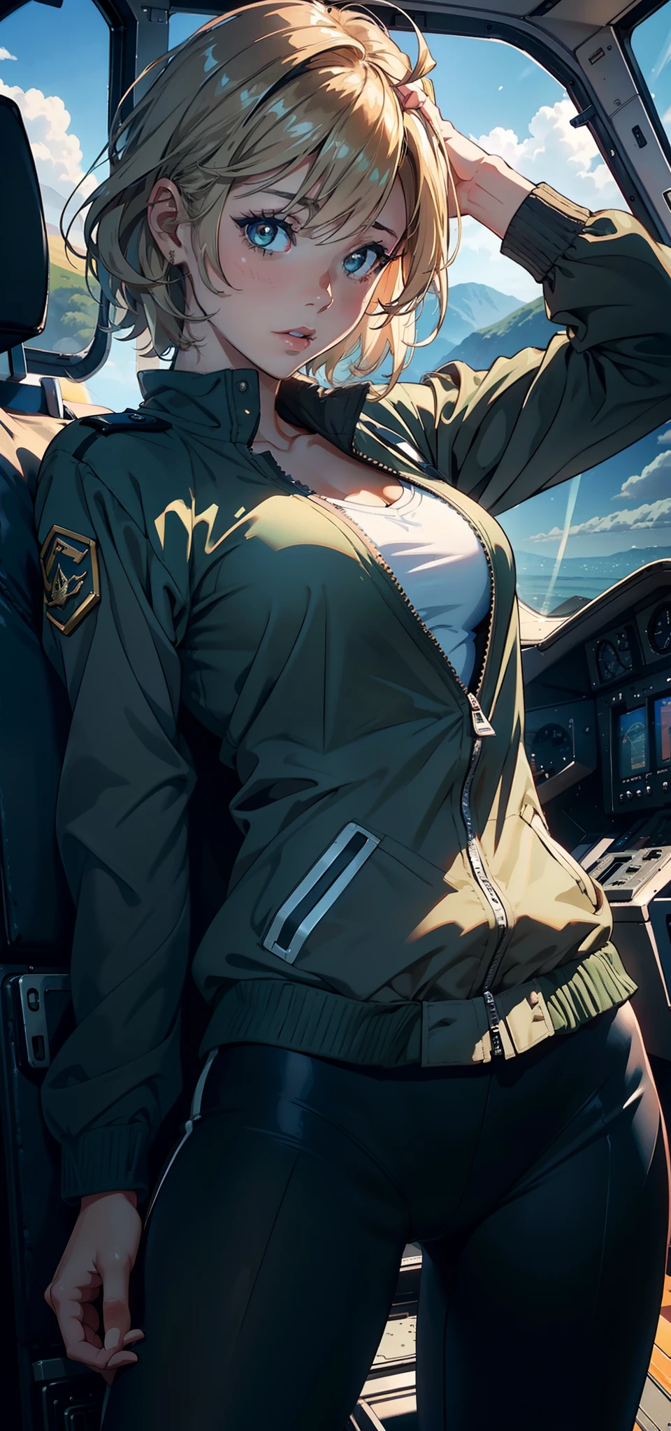 1female,Small loli,Bigchest,Pornographic exposure, 独奏,(Background with:The plane is in flight,Planes,inside of a cabin,) She has short blonde hair,bobo head,Stand in the pilot's seat of the aircraft,seen from the front, hair straight, mostly cloudy sky,(((tmasterpiece),(Very detailed CG unity 8K wallpaper),best qualtiy,cinmatic lighting,detailed back ground,beatiful detailed eyes,Bright pupils,(Very fine and beautiful),(Beautiful and detailed eye description),ultra - detailed,tmasterpiece,)),facing at camera,A high resolution,ultra - detailed),revealing breasts,Bare genitalia, Bulge,legs are open,Raised sexy,Camel toes,Flushed complexion,Open-mouthed,frontage,us airforce,Aviator,(Wearing:Dark green baseball jacket,Black pantyhose)The upper part of the body