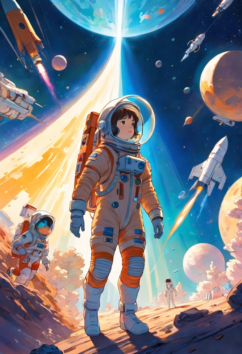 (A high resolution:1.2,hyper HD,space),Amy Ross,The astronaut,,Clear space,Starcloud,The astronaut stretched out his hand,Shenzhou spacecraft,suns rays,Space exploration,Adventure,Explore the unknown,Space equipment,Space World,high - tech,The astronaut,Depth,space photography,Colorful,Remote location,Adventure sports,Space station exploration,Rich biodiversity,Vivid colors,Detailed textures,light reflections,rays of sunlight piercing through,A journey of discovery,depth perception,Thrilling experience to draw an astronaut in a spacesuit,Below is a child looking up,The background is rockets, jen bartel, Space travelling, Inspired by:《Unknown crew》, space graphics art in background, Collage of space travel, Space travelling, Colorful illustration, author:Nobusada Yanagawa, victo ngai! cmyk palette, an illustration of inspired by Victo Ngai, Space exploration
