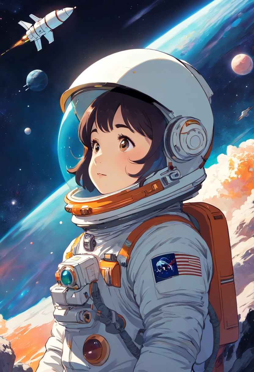 (A high resolution:1.2,hyper HD,space),Amy Ross,The astronaut,,Clear space,Starcloud，The astronaut stretched out his hand，Shenzhou spacecraft,suns rays,Space exploration,Adventure,Explore the unknown,Space equipment,Space World,high - tech,The astronaut,Depth,space photography,Colorful,Remote location,Adventure sports,Space station exploration,Rich biodiversity,Vivid colors,Detailed textures,light reflections,rays of sunlight piercing through,A journey of discovery,depth perception,Thrilling experience to draw an astronaut in a spacesuit，Below is a child looking up，The background is rockets, jen bartel, Space travelling, Inspired by:《Unknown crew》, space graphics art in background, Collage of space travel, Space travelling, Colorful illustration, author：Nobusada Yanagawa, victo ngai! cmyk palette, an illustration of inspired by Victo Ngai, Space exploration