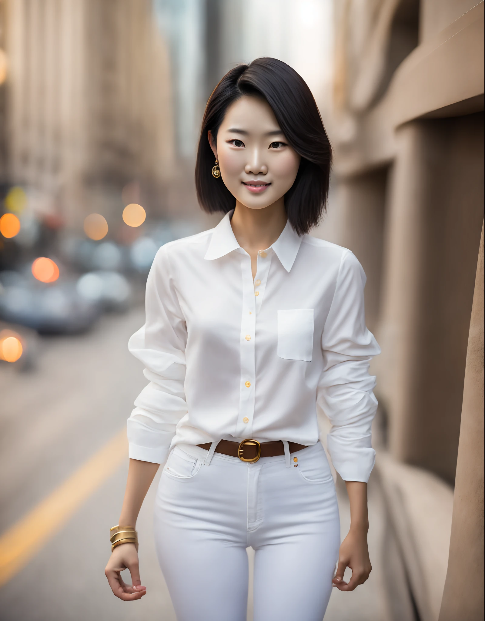 Asian beauty, Korean beauty, wearing a white shirt, jeans, noble temperament, standing on the avenue of the financial center, natural peace, natural light, side light on the head, colorful matching, full-body photos, realistic photo style, photography --auto --s2