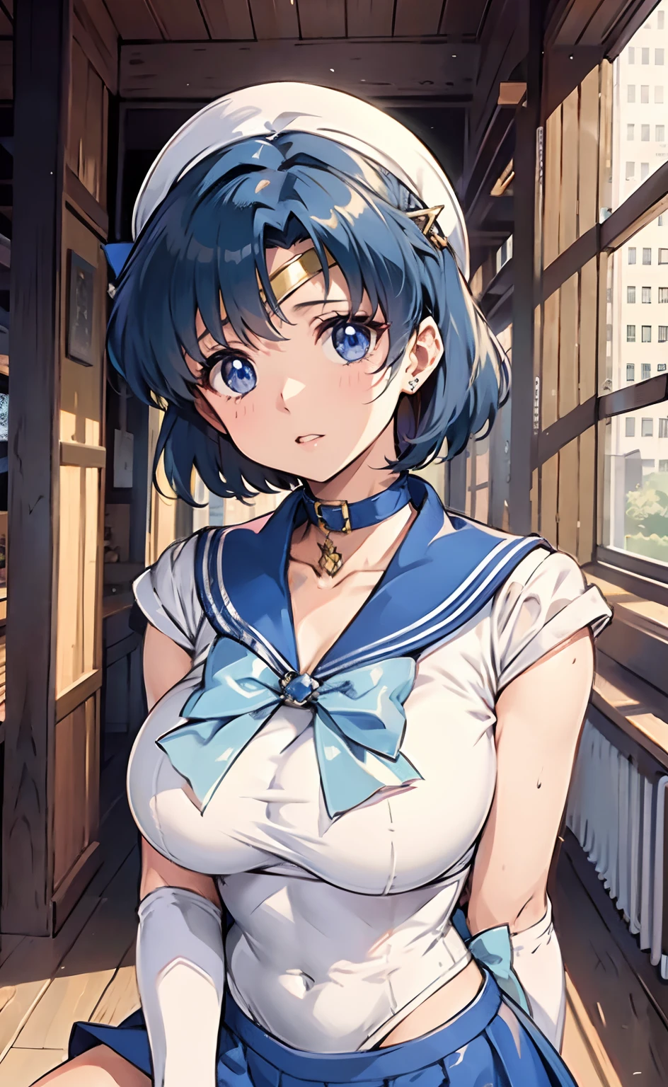 (8k, best quality, masterpiece:1.2), (ultra-detailed:1.2),
(masterpiece, best quality:1.2), (illustration), (perfect details, highest detailed, extreme detailed), dramatic light, (AmiMizuno:1.3), (sailor mercury, neck ribbon, blue hair, short hair, circlet, jewelry, crescent earrings), circlet、Blue sailor collar、solo、Sky blue bow tie、Blue-eyed boy、Very short blue-haired boy、(lift a blue skirt)、Blue choker、Blue knee boots、skirt、bow、back_bow、rating:safe、bootagical Boy、Bare shoulders、bare legs、knee_boots、white glove、jewelry、elbowgloves、blue_bow、sky blue_bow、heart、White leotard、highleg leotard、robe blanche、

((Voluptuous,glamorous,Chubby,thicc,curvy,Leggy,Tall,hanging breasts,1 grandma)),
(lying back down:1.3),(from above:1.3),Lie on your back,(spread legs:1.5),hands up,
nipple,(public hair:1.5),(thong),

(full-face blush:1.2),(embarrassed,blush:1.3),glasses,(nsfw:1.3),
((from front,front face,cowboy shot)),Detailed beautiful eyes,looking at viewer,makeup, 
(open mouth,tongue out:1.3),(cum on tongue:1.1),