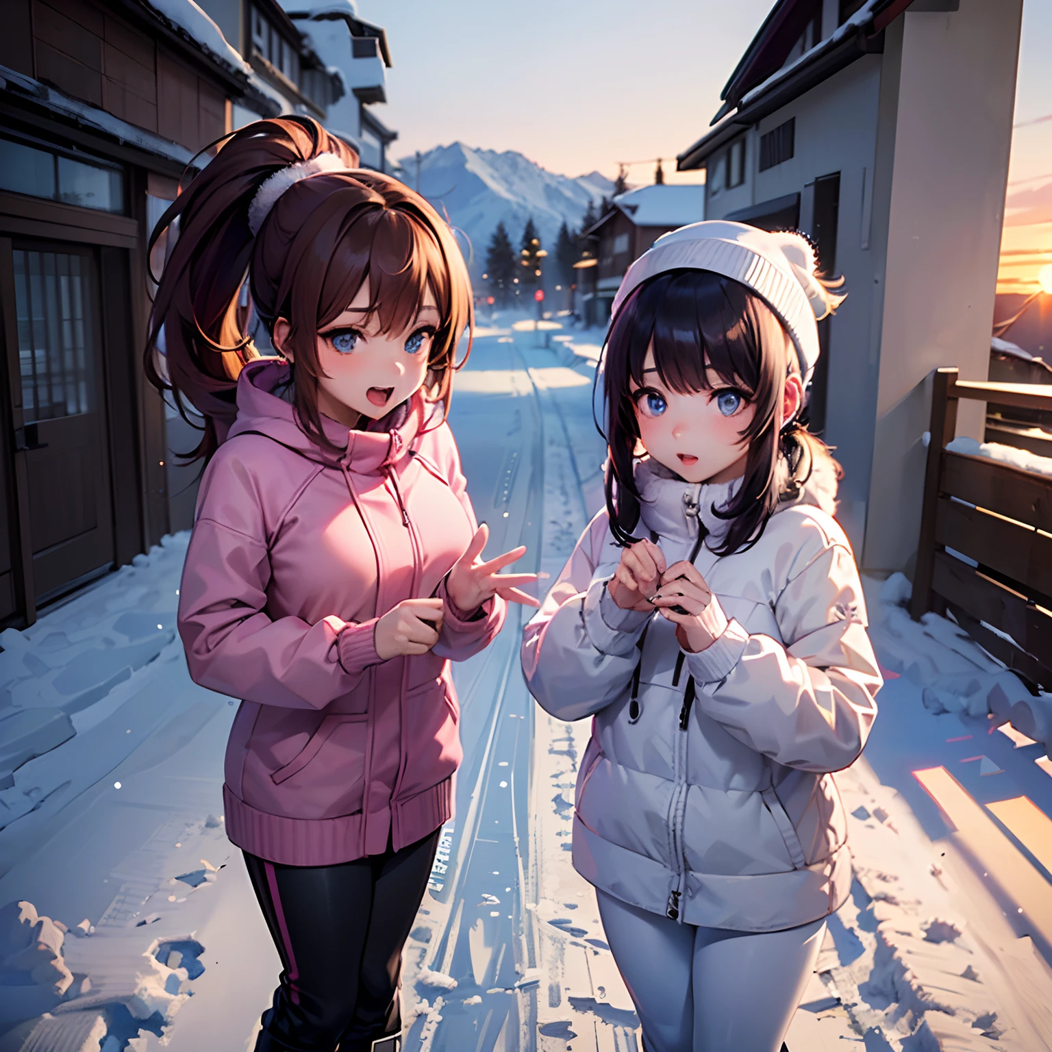 ​masterpiece, 1 beautiful girls, detaileds, top-quality, 超A high resolution, (Realistis: 1.4), OriginalPhotographs, 电影灯光, Asian Beauty, very extremely beautiful, Slightly younger face, Beautiful skins, slender, (A hyper-realistic), (hight resolution), (8K), (ighly detailed), (The best illustrations), (beautifully detailed eyes), (ultra-detailliert), (wall-paper), (详细的脸), (See other locations:1.4), fine detailed, A detailed face、pureerosfaceace_v1、46-point diagonal bangs、(Beautiful blue eyes:1.5）(Photorealsitic:1.5)、Raw foto、1girl in、deep-shadows、Spoiled look、(Reddish brown ponytail:1.5) Super Detail, Textured skin, tre anatomically correct、(Beautiful sunset:1.5)、(In the whole body diagram:1.6),(At a ski resort in the snowy mountains:1.5)、(Wear white and pink winter furry ski wear:1.5)(Knitted hat with earpiece)、(Take a walk:1.5)、(Cold and breathe on both hands:1.6)(Draw white breath:1.5)