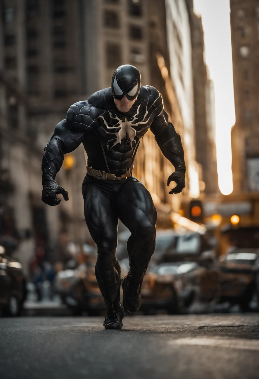 Venom screeming downtown NYC as he holds on with one arm, cinematic, dramatic light, golden hour, haze