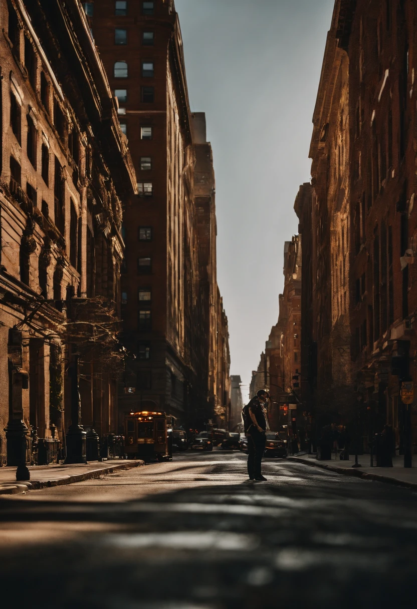 Venom screeming downtown NYC as he holds on with one arm, cinematic, dramatic light, golden hour, haze