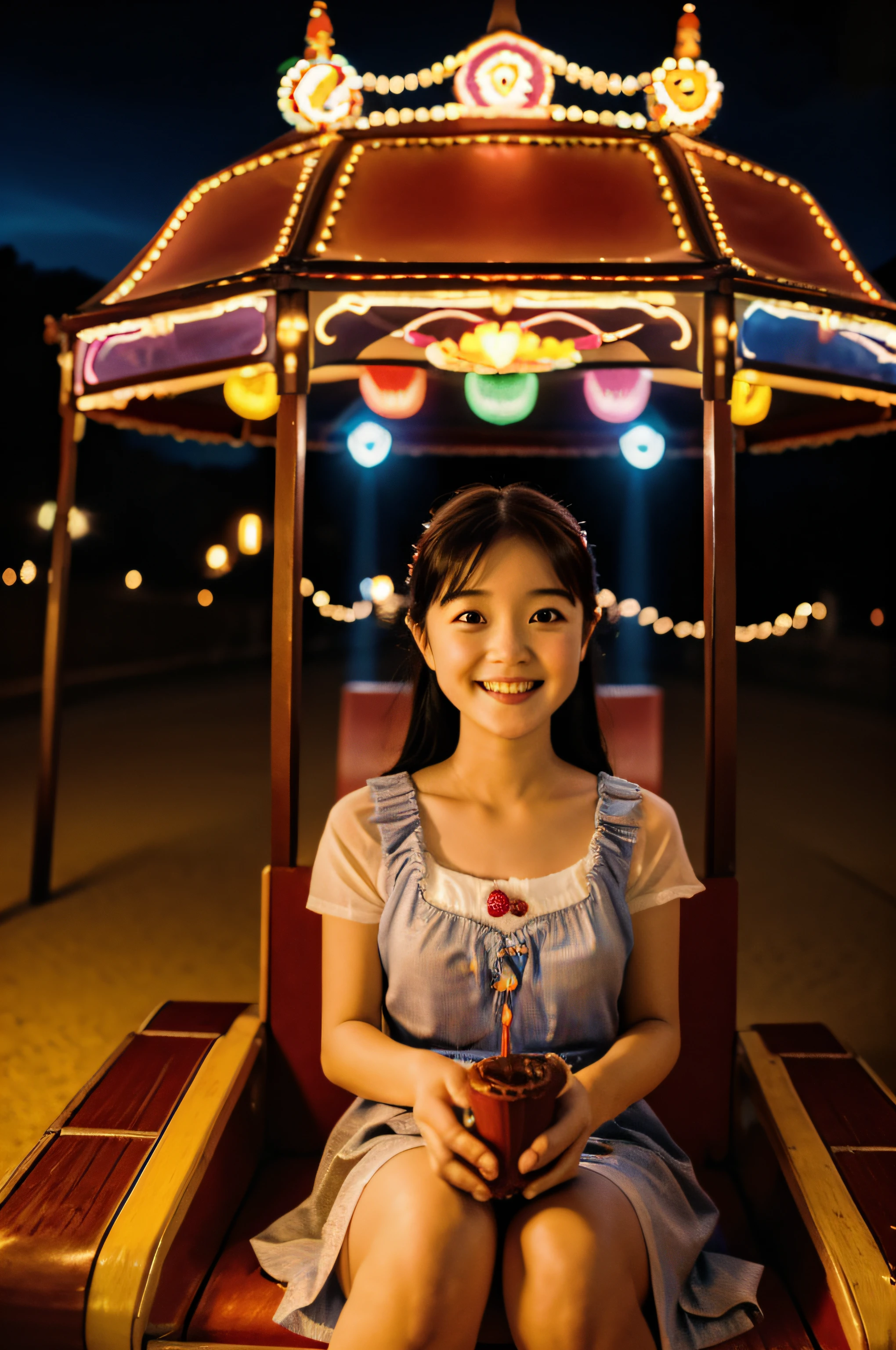 (La mejor calidad,4k,Altas Resoluciones:1.2,Ultra detallado,realista:1.37),una joven que se divierte en un parque de atracciones,Traditional style of oil painting,colores vibrantes,Ambiente iluminado por el sol,ojos expresivos,sonrisa feliz,Childhood Joy,Emocionantes paseos y atracciones,carrusel,Carrusel,cotton candy,Helado, noria,Roller coaster,riendo con amigos,volando alto en el cielo,Cara bellamente detallada,cabello suelto,Poses juguetonas,risas interminables,Ambiente estimulante,Multitudes de personas,Luces encantadoras,movimiento borroso,Momentos memorables,Buenos recuerdos,Special Bonding Time,Aventura de verano,magical atmosphere,disfrutando de cada momento
