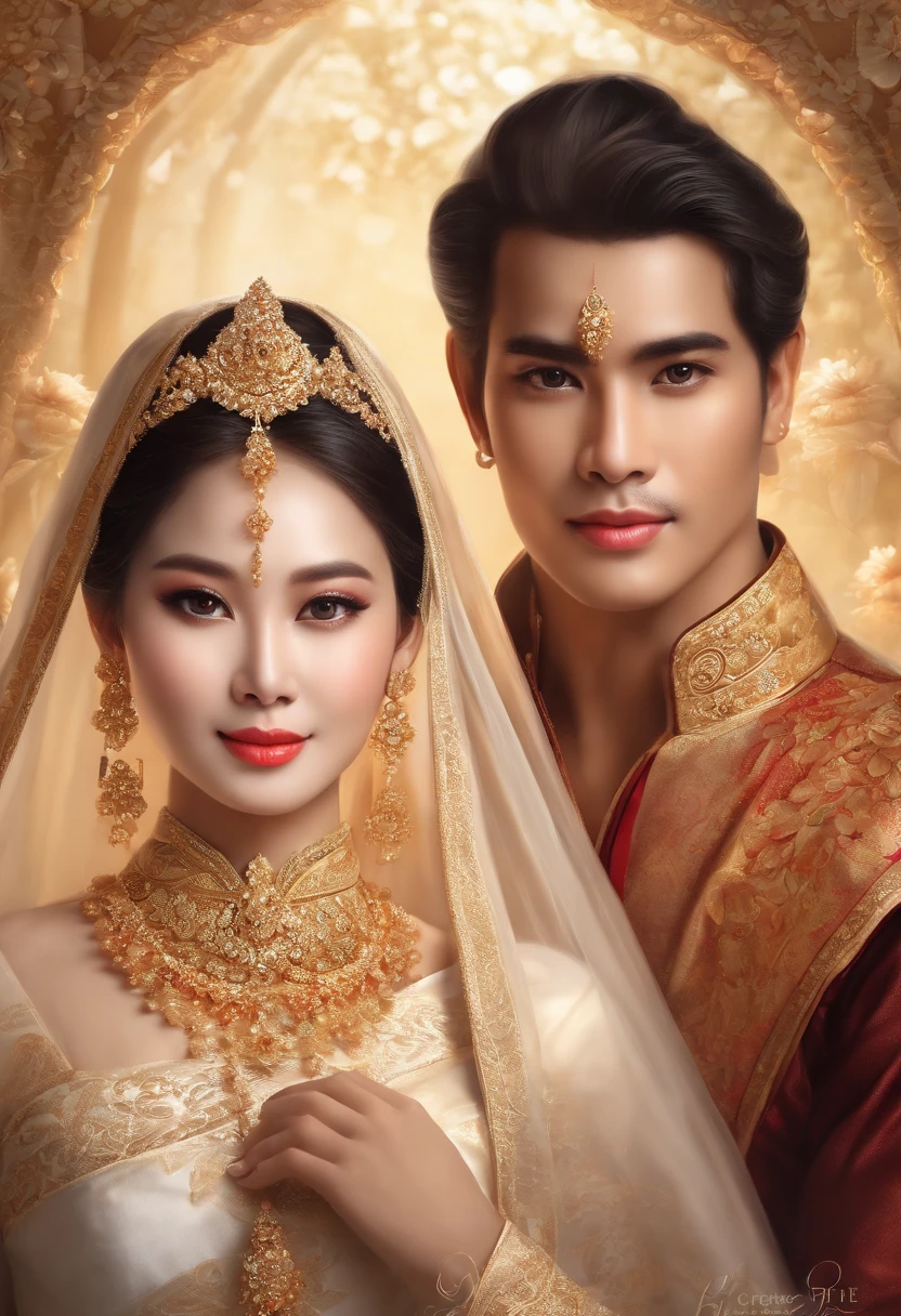 Realistic portrait of a man and woman couple with beautiful and handsome faces.(((There are no two men. There are no two women.))), Wear elegant Thai costumes to the wedding ceremony in the studio.,The woman wears a clean clam dress with intricate patterns of fabric. , Men wear ivory., Clear pore visibility ,The backdrop is a large hall, a clean white flap. Comfortable sketch with high resolution photos,Don't wear jada.,Don't close your eyes.,Beautiful light, soft eyes.
