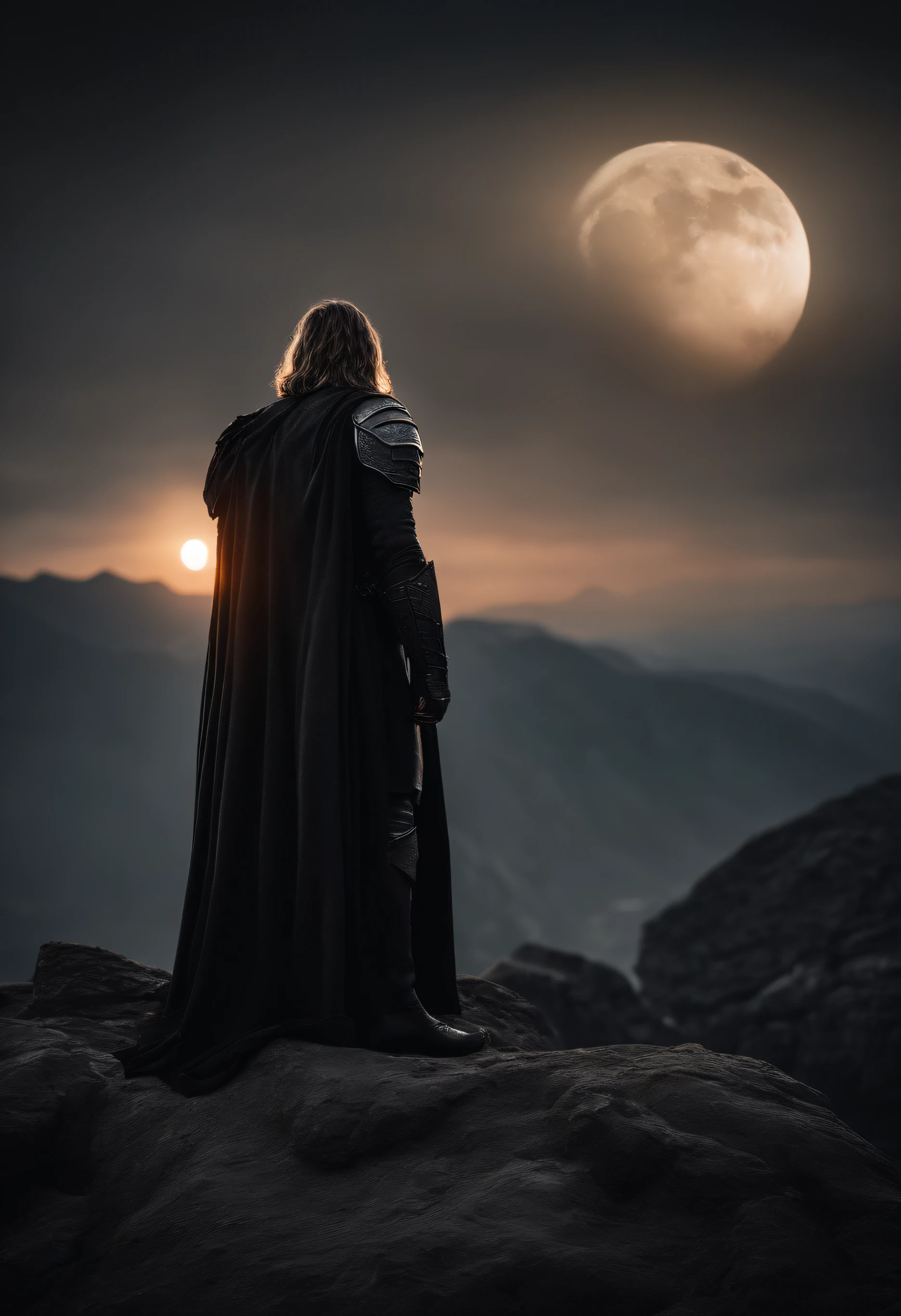 Sauron, the mighty lord of darkness, standing on a rock in the dark land of Mordor, a super-hero man of infinite power and technology of the galactic race, with a great army, a large moon disk behind him, and a fiery sword in his hand