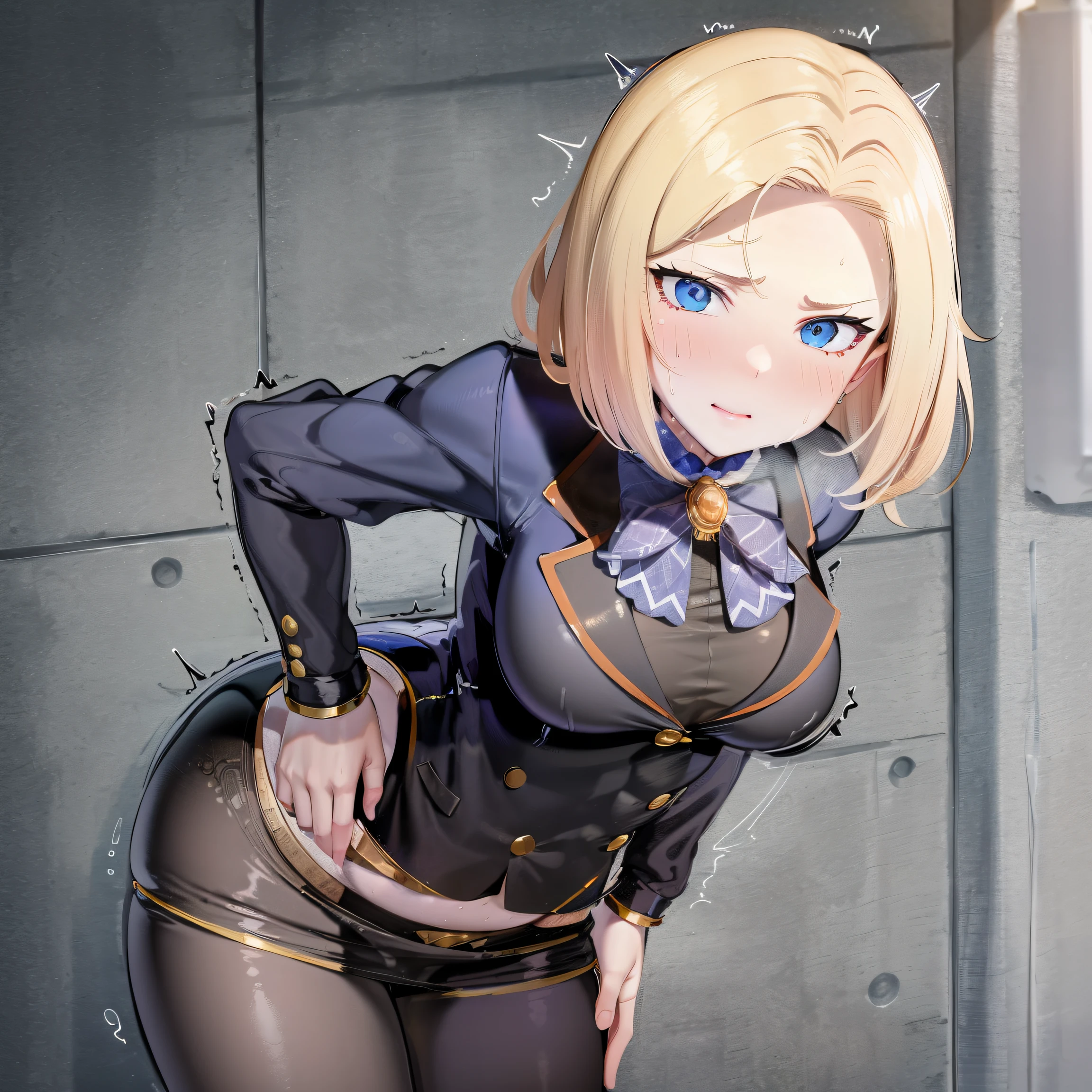 anime style, masterpiece, best quality, absurdres, vibrant colours, 1girl, beautiful face, realistic eyes, looking at viewer, [despair|scared], glory wall, through wall, stuck, and18, 1girl, android 18, solo, blonde hair, blue eyes, short hair, earrings, large breasts,NSFW,official art,extremely detailed CG unity 8k wallpaper, perfect lighting, (masterpiece:1.0),(best_quality:1.0), ultra high res,4K,ultra-detailed, photography, 8K, HDR, highres, absurdres:1.2, Kodak portra 400, film grain, blurry background, bokeh:1.2, lens flare, (vibrant_color:1.2),(beautiful_face:1.5),(narrow_waist),(perfect hands, perfect anatomy), (sweat), trembling