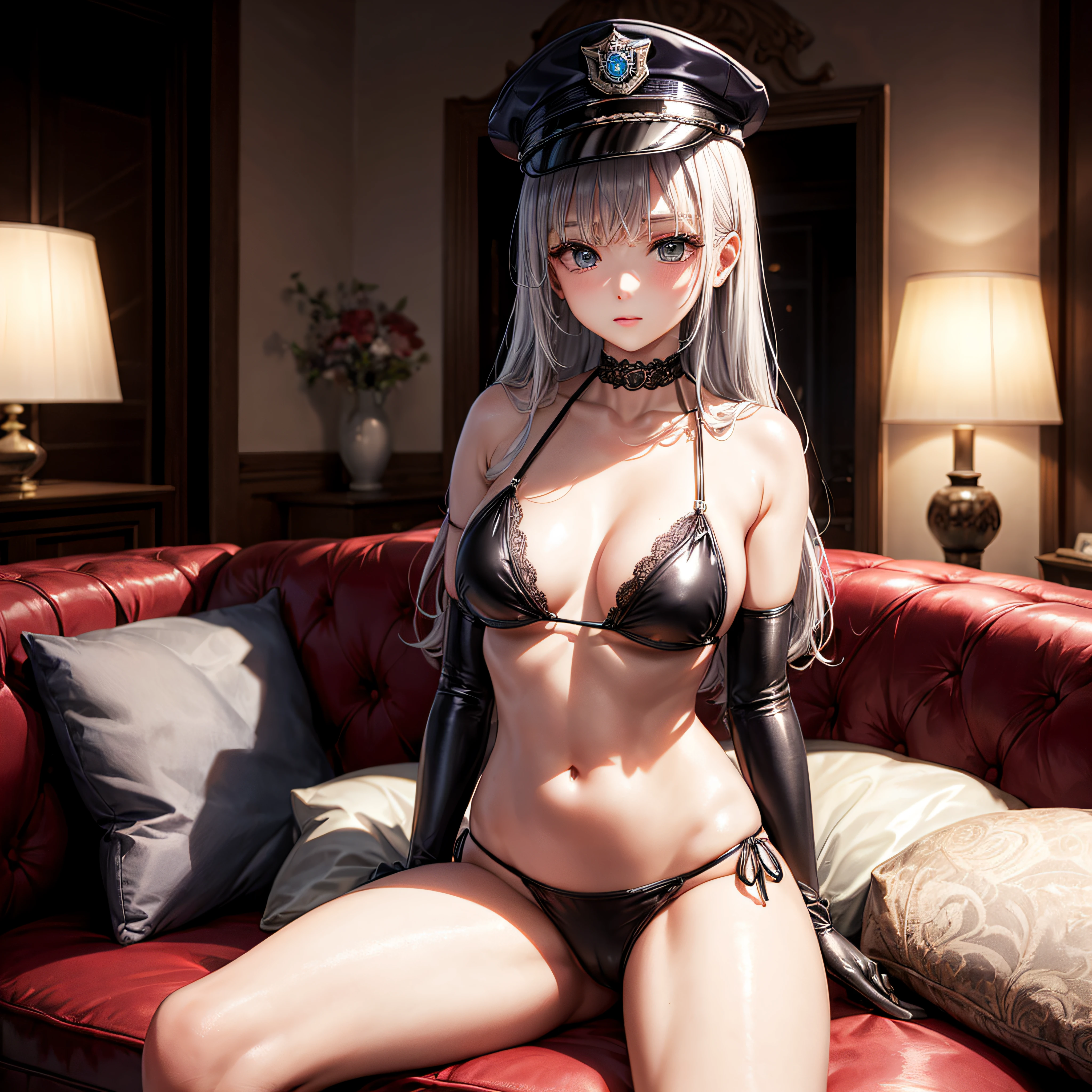 realisitic、top-quality、sit on sofa、((One Woman:1.5))、Silver hair、Long hair、inside in room、Police Officer Cap, Open your clothes , Black PVC Bikini、Lace gloves,Medium chest