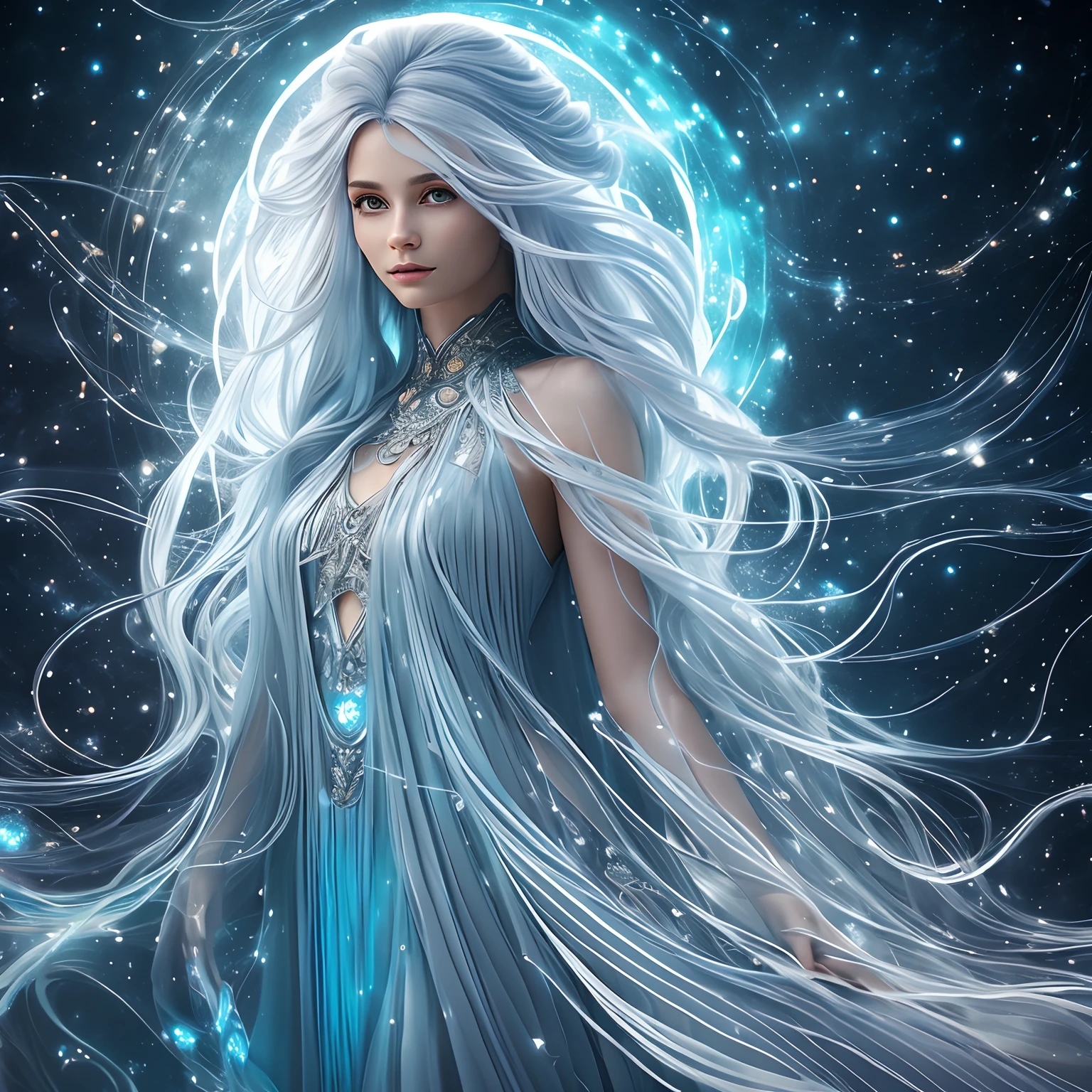Create a digital illustration of Seraphina, the ethereal and compassionate alien healer. Render her with impeccable detail and intricate cosmic patterns on her flowing robes. Emphasize the luminescent, pale blue skin, radiant silver eyes, and long, flowing iridescent hair that changes colors with her movement. The background should be a celestial environment, with stars and galaxies, creating a sense of otherworldly beauty. Use a wide-angle lens to capture her entire form, allowing viewers to admire her elegance and grace.