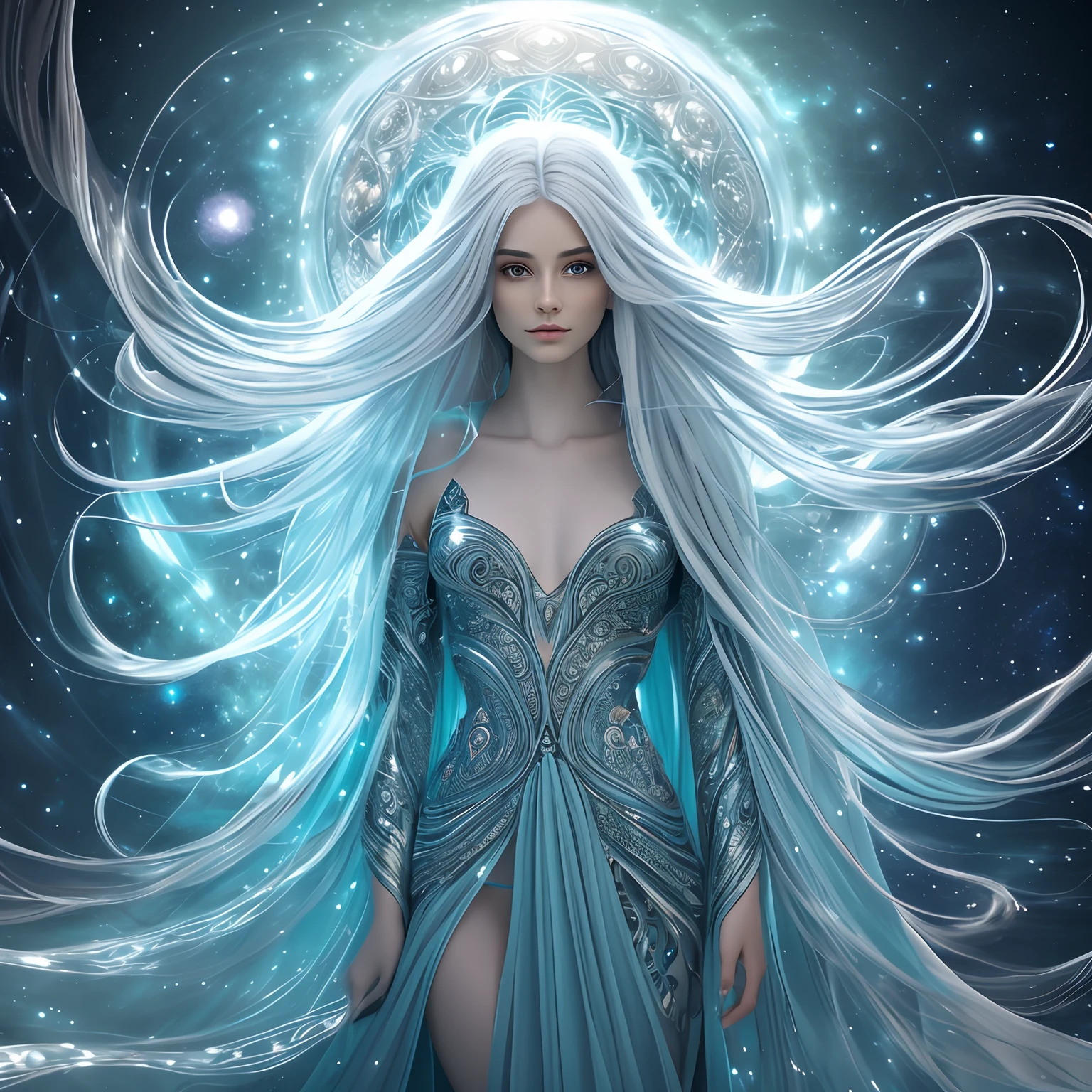 Create a digital illustration of Seraphina, the ethereal and compassionate alien healer. Render her with impeccable detail and intricate cosmic patterns on her flowing robes. Emphasize the luminescent, pale blue skin, radiant silver eyes, and long, flowing iridescent hair that changes colors with her movement. The background should be a celestial environment, with stars and galaxies, creating a sense of otherworldly beauty. Use a wide-angle lens to capture her entire form, allowing viewers to admire her elegance and grace.