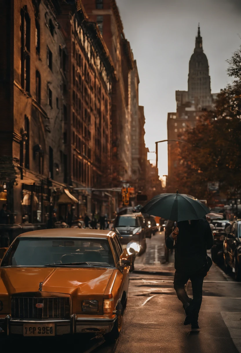 Downtown NYC street photography, with mate and orange preset applied, cinematic, dramatic light, golden hour, haze