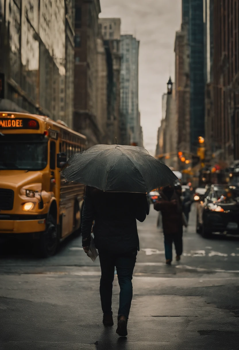 Downtown NYC street photography, with mate and orange preset applied, cinematic, dramatic light, golden hour, haze