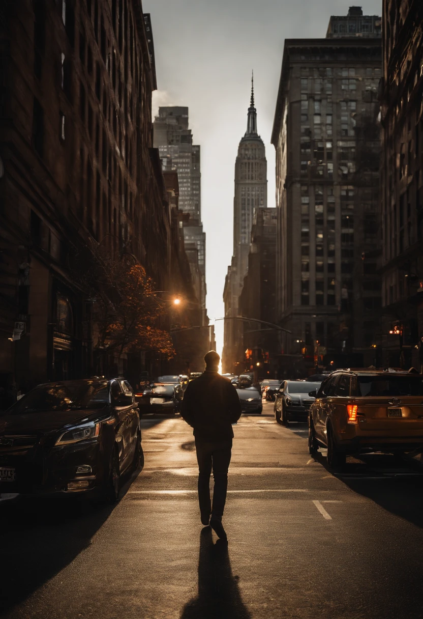Downtown NYC street photography, with mate and orange preset applied, cinematic, dramatic light, golden hour, haze