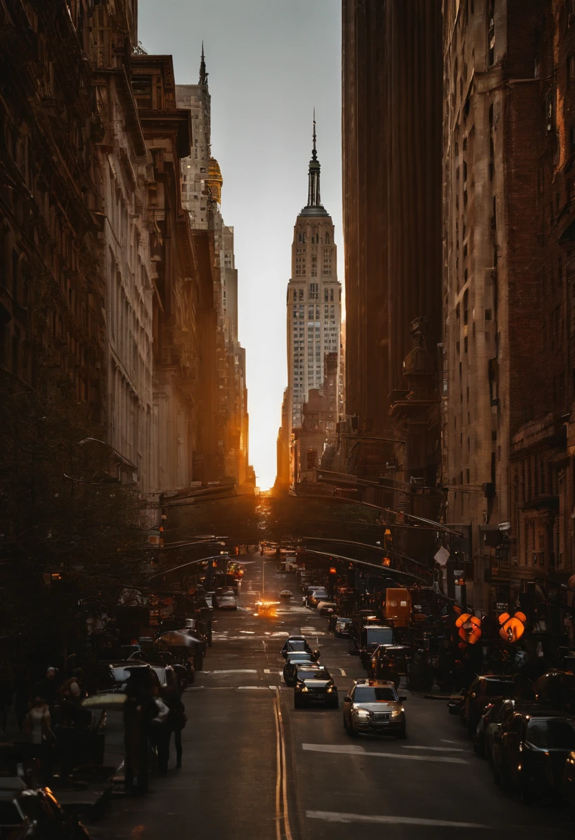 Downtown NYC street photography, with mate and orange preset applied, cinematic, dramatic light, golden hour, haze
