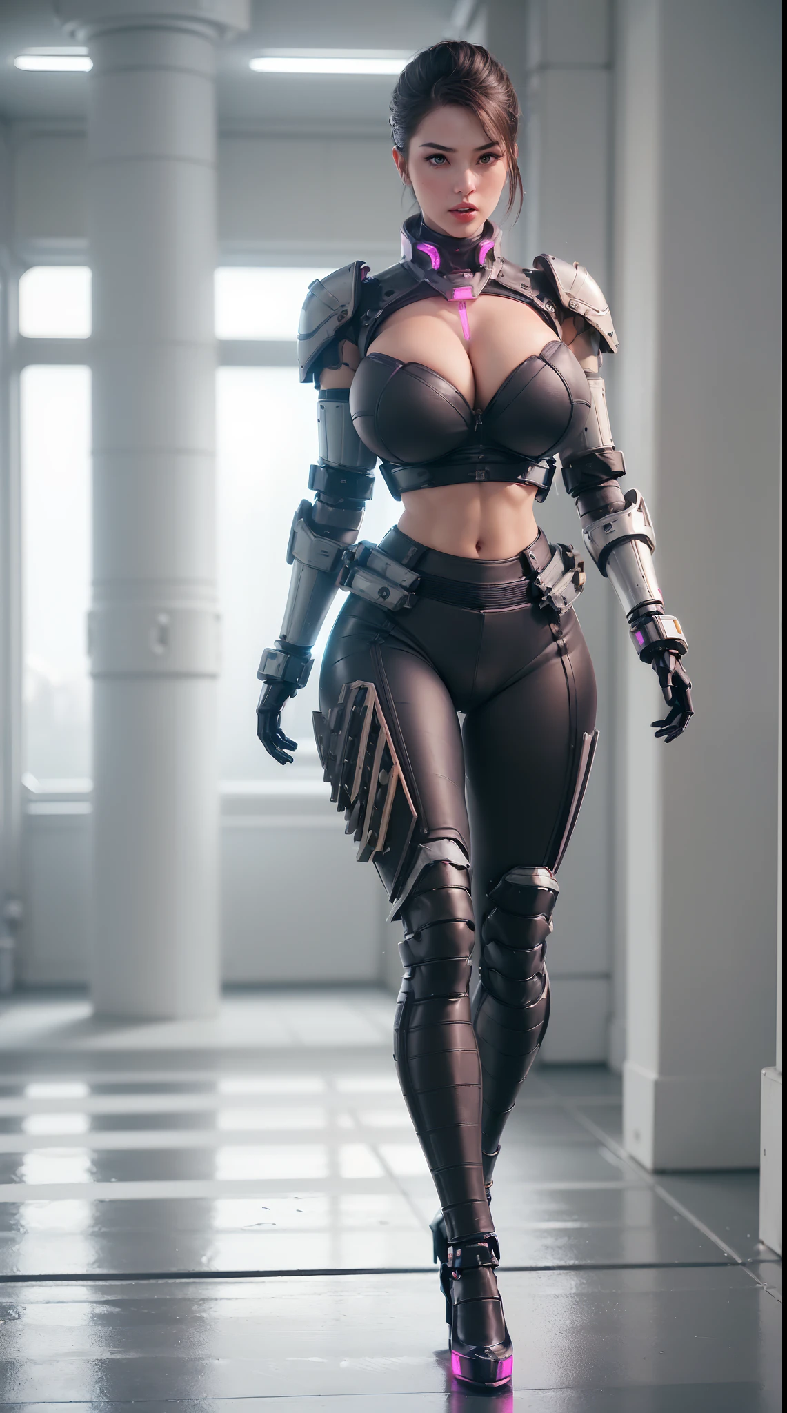 (1GIRL,SOLO:2), (super detailed face), ((BIG BUTTOCKS, HUGE FAKE BREASTS:1.5)), (CLEAVAGE TOP:1.5), (MUSCLE ABS FEMALE:1.4), (MECHA GUARD ARM:1.4), ((WEAR MAGENTA BLACK OVERWATCH MECHANICAL ARMOR CROP TOP, BLACK MECHANICAL SKINTIGHT SUIT PANTS, MECHA GUARD ARMOR LEGS, HIGH HEELS:1.5)), (LEWD VOLUPTUOUS BODY:1.3), (GLOSSY SKIN:0.8), (LONG LEGS, FULL BODY:1.1), (LOOKING AT VIEWER:1.3), (female focus:0.886), (WALKING DOWN HALLWAY OF FUTURISTIC SPACE STATION:1), (BRIGHT LIGHT WHITE_ROOM:1.3), SUPER TEXTURE, UNREAL ENGINE RENDER, PHYSICALLY-BASED RENDERING, ULTRA HIGHT DEFINITION, 16K, 1080P.