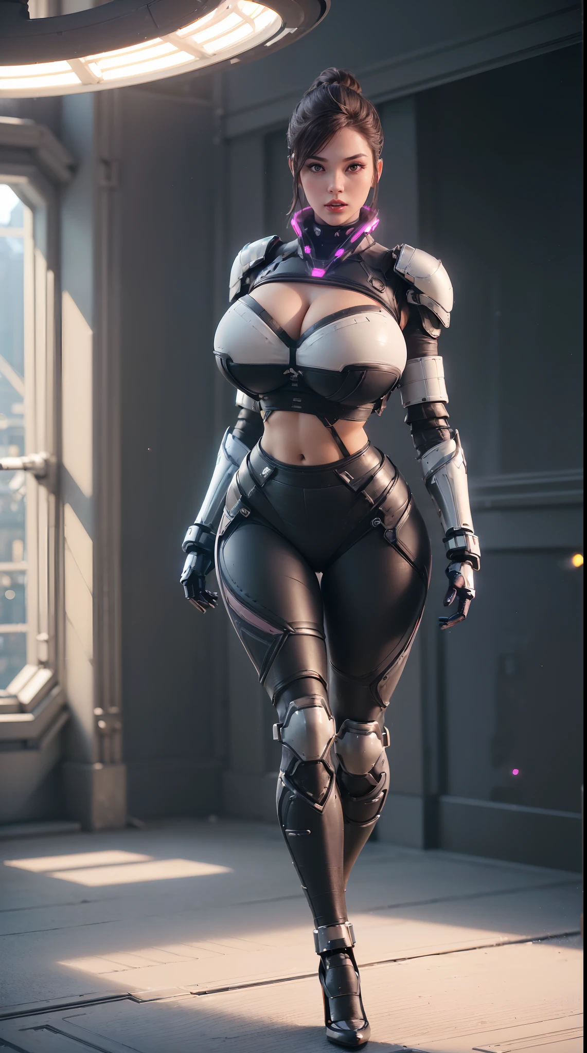 (1GIRL,SOLO:2), (super detailed face), ((BIG BUTTOCKS, HUGE FAKE BREASTS:1.5)), (CLEAVAGE TOP:1.5), (MUSCLE ABS FEMALE:1.4), (MECHA GUARD ARM:1.4), ((WEAR MAGENTA BLACK OVERWATCH MECHANICAL ARMOR CROP TOP, BLACK MECHANICAL SKINTIGHT SUIT PANTS, MECHA GUARD ARMOR LEGS, HIGH HEELS:1.5)), (LEWD VOLUPTUOUS BODY:1.3), (GLOSSY SKIN:0.8), (LONG LEGS, FULL BODY:1.1), (LOOKING AT VIEWER:1.3), (female focus:0.886), (WALKING DOWN HALLWAY OF FUTURISTIC SPACE STATION:1), (BRIGHT LIGHT WHITE_ROOM:1.3), SUPER TEXTURE, UNREAL ENGINE RENDER, PHYSICALLY-BASED RENDERING, ULTRA HIGHT DEFINITION, 16K, 1080P.