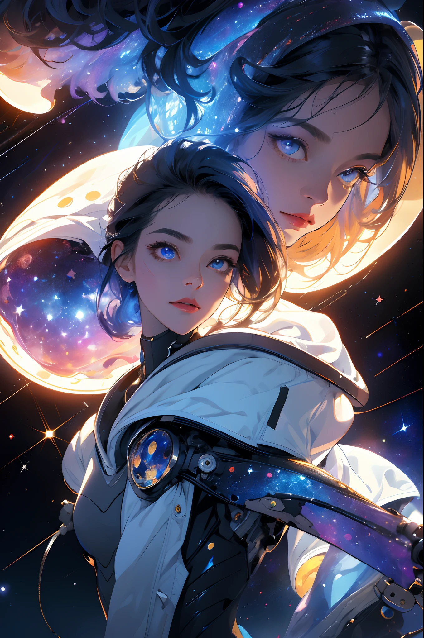 Space Girl,space suit, space, Masterpiece, Best quality, Technological, high - tech, Intricate, Detailed, absurderes, 1girll, Cute, Perfect face, space, window, Gorgeous, Stardust,cosmic, the wallpaper, Cinematic,comparing, Colorful, Perfect eyes, Sensual,magic, size, Stardust, Futuristic, back lit lighting, Epic, fantasy
