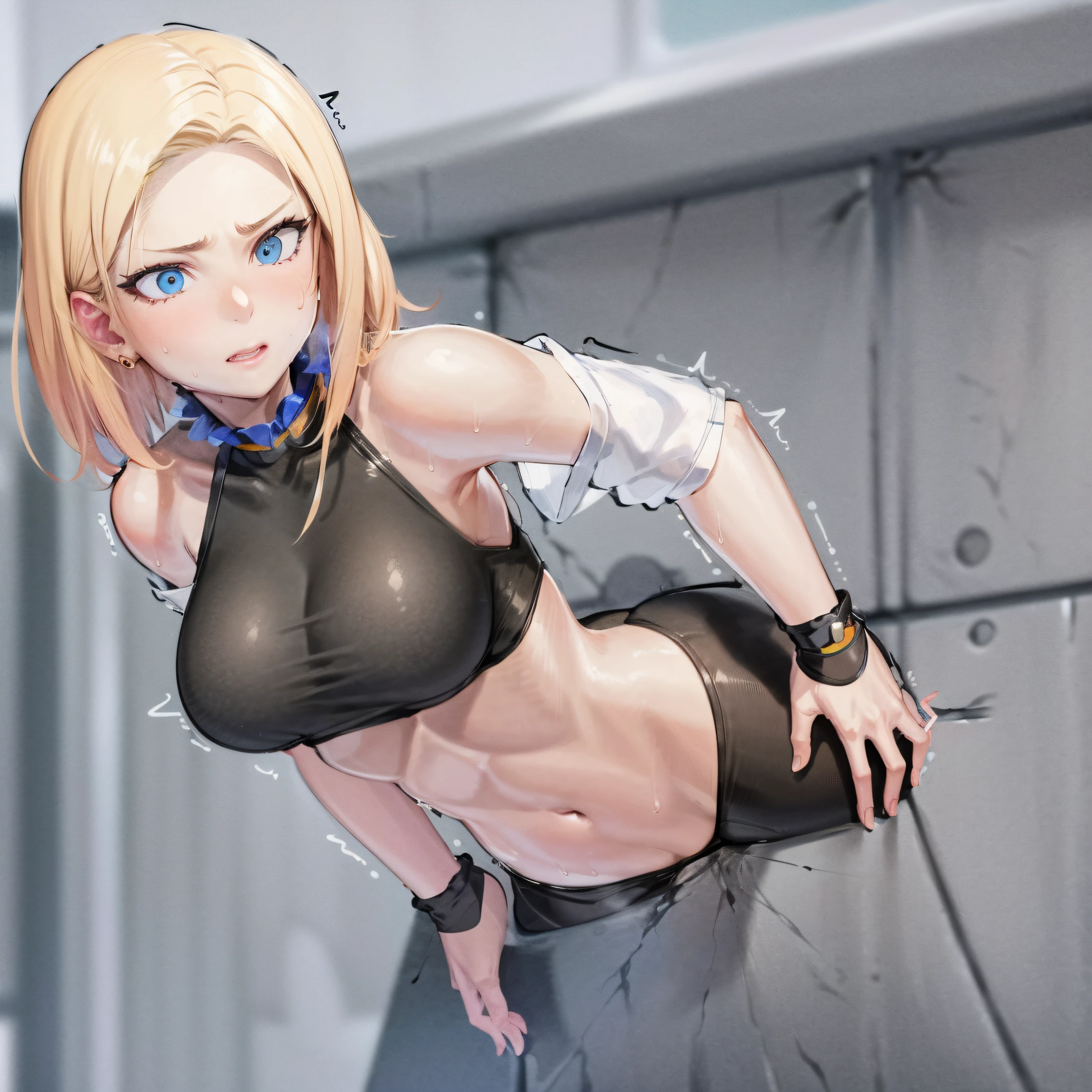 anime style, masterpiece, best quality, absurdres, vibrant colours, 1girl, beautiful face, realistic eyes, looking at viewer, [despair|scared], glory wall, through wall, stuck, and18, 1girl, android 18, solo, blonde hair, blue eyes, short hair, earrings, large breasts,NSFW,official art,extremely detailed CG unity 8k wallpaper, perfect lighting, (masterpiece:1.0),(best_quality:1.0), ultra high res,4K,ultra-detailed, photography, 8K, HDR, highres, absurdres:1.2, Kodak portra 400, film grain, blurry background, bokeh:1.2, lens flare, (vibrant_color:1.2),(beautiful_face:1.5),(narrow_waist),(perfect hands, perfect anatomy), (sweat), trembling