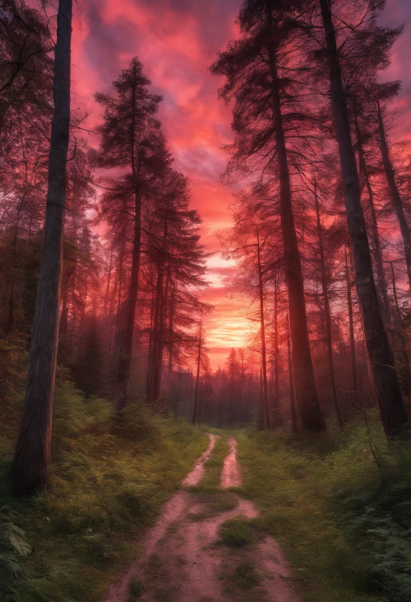 best landscape jangle, fiery, red-pink sunset, walking through forest, magical, wobbly