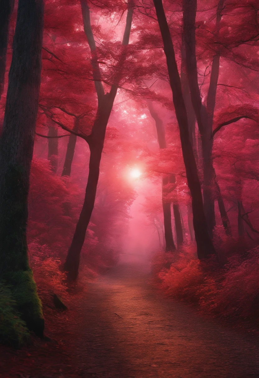 best landscape jangle, fiery, red-pink sunset, walking through forest, magical, wobbly