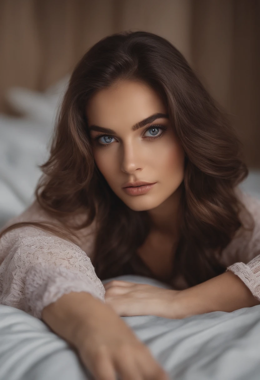 Arafed woman completely , fille sexy aux yeux bruns, ultra realist, Meticulously detailed, Portrait Sophie Mudd, cheveux bruns et grands yeux, selfie of a young woman, Yeux de chambre, Violet Myers, sans maquillage, maquillage naturel, looking straight at camera, Visage avec Artgram, Maquillage subtil, Great photo of the whole body kneeling on the bed, dans la chambre, Medium to large bust