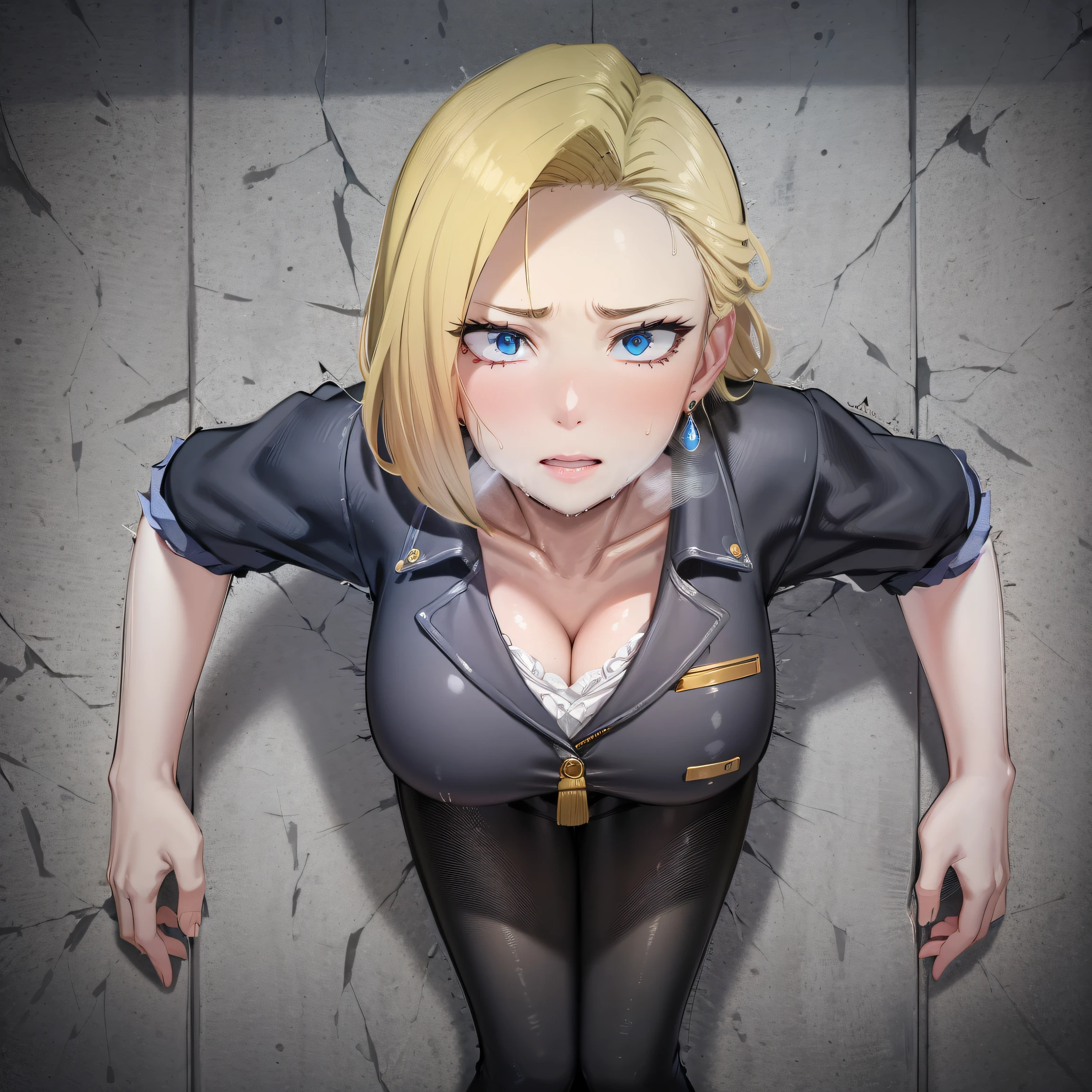 anime style, masterpiece, best quality, absurdres, vibrant colours, 1girl, beautiful face, realistic eyes, looking at viewer, [despair|scared], glory wall, through wall, stuck, and18, 1girl, android 18, solo, blonde hair, blue eyes, short hair, earrings, large breasts,NSFW,official art,extremely detailed CG unity 8k wallpaper, perfect lighting, (masterpiece:1.0),(best_quality:1.0), ultra high res,4K,ultra-detailed, photography, 8K, HDR, highres, absurdres:1.2, Kodak portra 400, film grain, blurry background, bokeh:1.2, lens flare, (vibrant_color:1.2),(beautiful_face:1.5),(narrow_waist),(perfect hands, perfect anatomy), (sweat), trembling