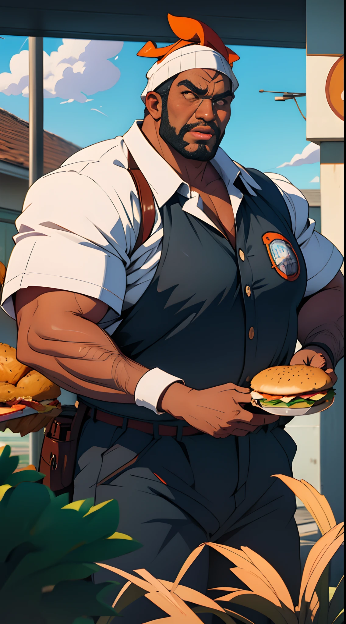 Big black man dressed as a anime school girl stealing a Popeyes chicken sandwich