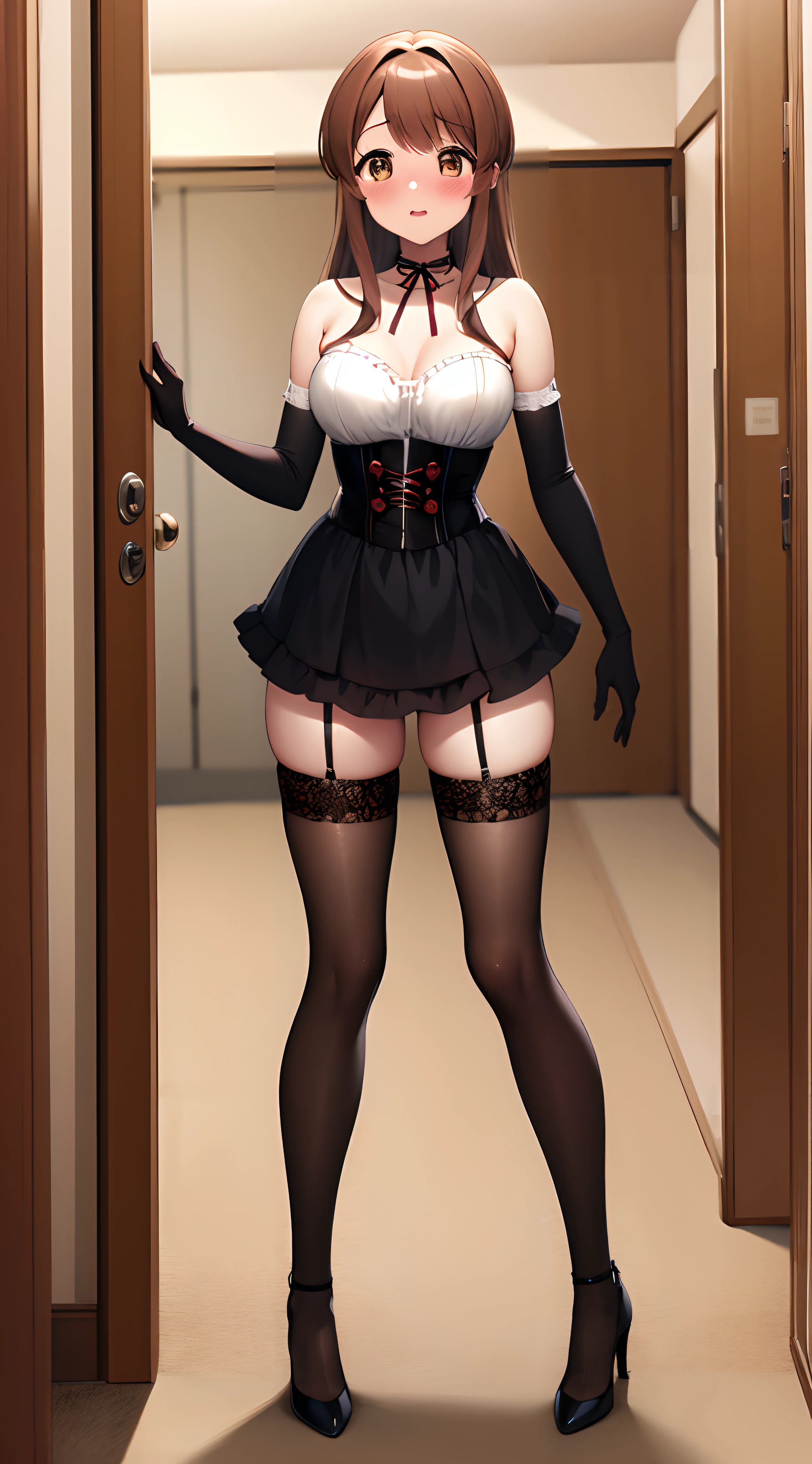 masterpiece, best quality, highres, highly detailed, mikuru1, 1girl, asahina mikuru, solo, beautiful detailed eyes, blush, full body, black corset, very short frilly black skirt, thigh highs, elbow gloves, high heels, standing, doorway
