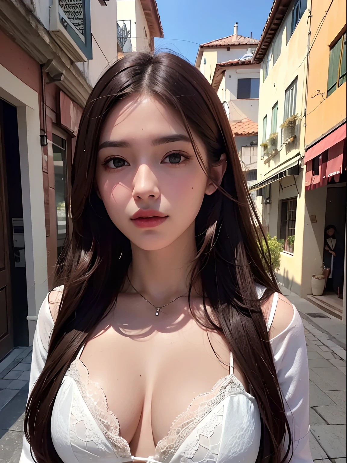 ((realistic illumination, mejor calidad, 8K, obra maestra: 1.3)), enfoque claro: 1.2, 1 corean girl, figura perfecta: 1.4, abdominales delgados: 1.1, ((Brown Dark Hair)), (recorte blanco: 1.4), (exterior, noche: 1.1), calles de la ciudad, Super Fine Face, ojos finos, 二重まぶた,
