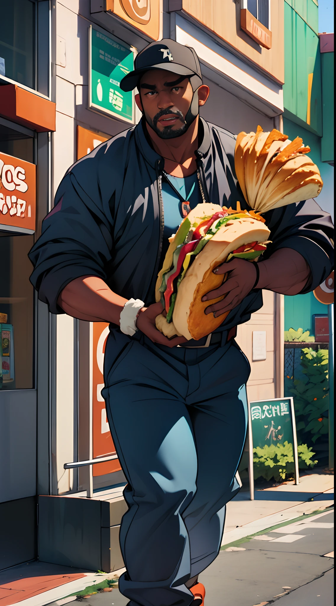 Big black man dressed as a anime girl stealing a Popeyes chicken sandwich