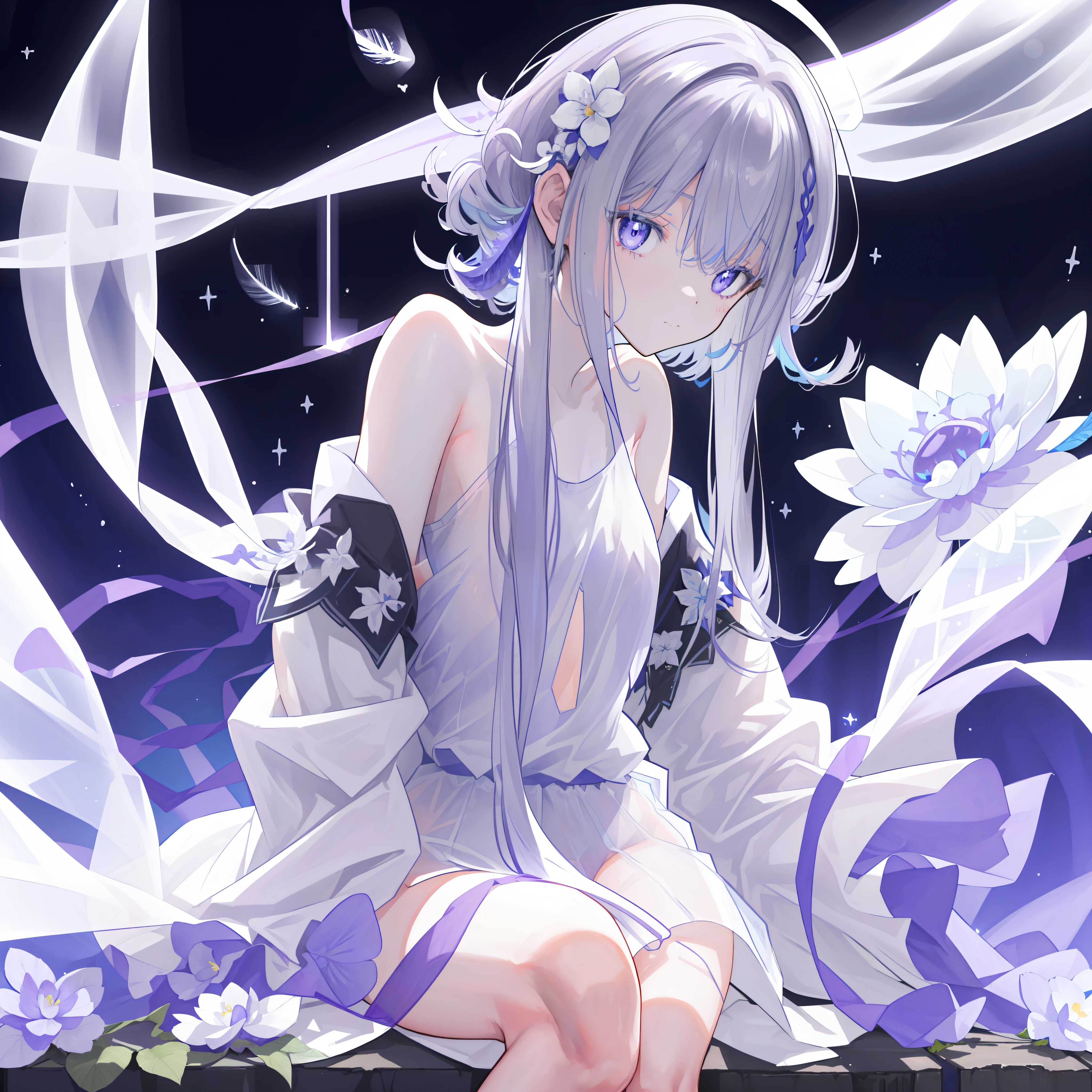 (((A close up view: 1.4))) of an anime  girl, (sitting in a (flower forest)), (((half naked))), cinematic light, slim body with curves, skin is perfectly white, soft, and smooth, ((no nsfw)), Extremely delicate and beautiful CG illustration, best quality, high resolution, dynamic angle, full-length lens, (1 girl), floating, soft light, high-key lighting), glowing light, purple halo, feathers fluttering background, blue crystal, (((wearing nothing but a white (pure:1.5) (transparent) tank top)))
