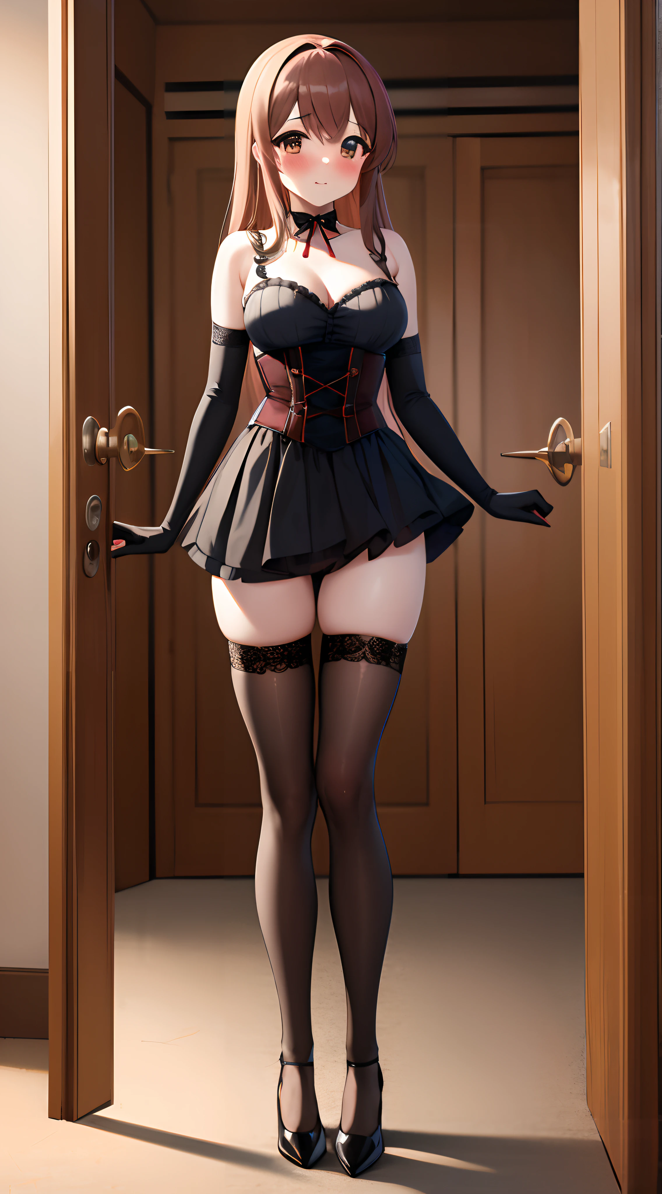 masterpiece, best quality, highres, highly detailed, mikuru1, 1girl, asahina mikuru, solo, beautiful detailed eyes, blush, full body, black corset, very short frilly black skirt, thigh highs, elbow gloves, high heels, standing, doorway
