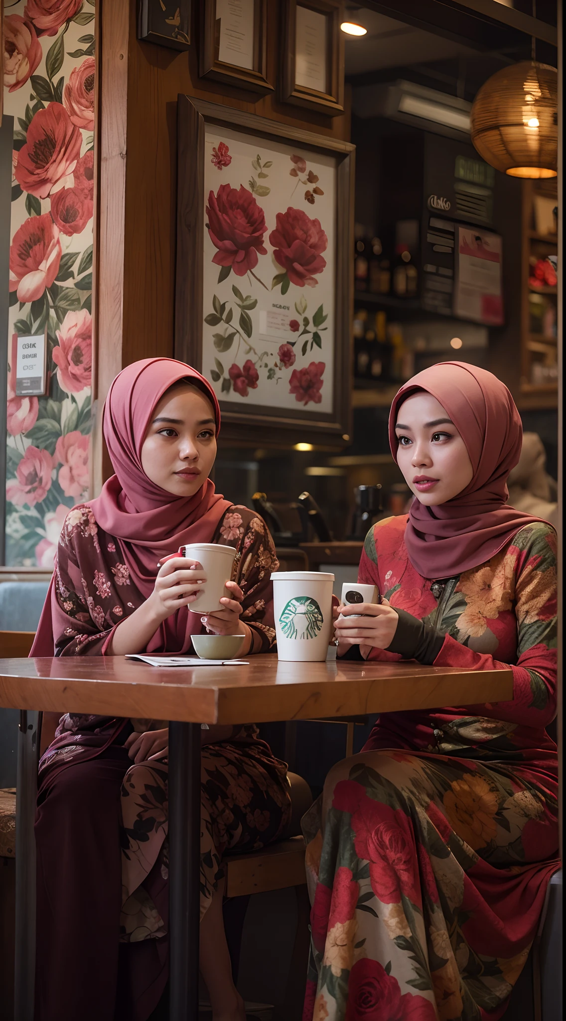 A photo of a young, nerdy malay woman in hijab sitting in a starbuck cafe with 1 malay men in office suit standing behind, holding coffee, woman wearing floral pattern baju kurung, surrounded by a cozy atmosphere, cool ambient, looking at the viewer. (Detail skin:1.3), haired hand, cinematic movie camera angle and framing, 
Hijab, slender, red lips,  flirting with the camera