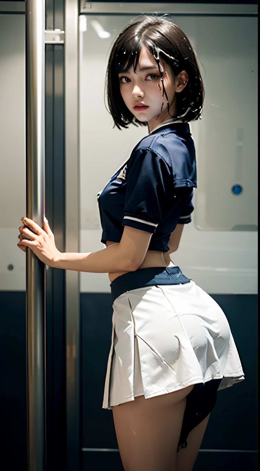(((facing back:1.8, Emphasis on the buttocks:1.5, Buttocks close up:1.3))), (((Thick white liquid dripping down the skirt:1.8))), (((Dressing:1.8))), (((student clothes:1.8))), (((shool uniform:1.8, Dark blue mini skirt:1.8))), (((Trem lotado:1.8, On the train:1.8, crowd:1.3))), girl with, 18year old, 7headed body, Ideal ratio body proportions, erectile nipple, short-hair, A dark-haired, With bangs, small tits, A slender, Small buttocks, beauty legs, Skinny Legs, surrealism, Cinematic lighting, depth of fields, One-person viewpoint, F/1.8, 135 mm, nffsw, masutepiece, ccurate, ((Anatomically correct:1.3)), Textured skin, Super Detail, high details, High quality, awardwinning, Best Quality, hight resolution, 8K