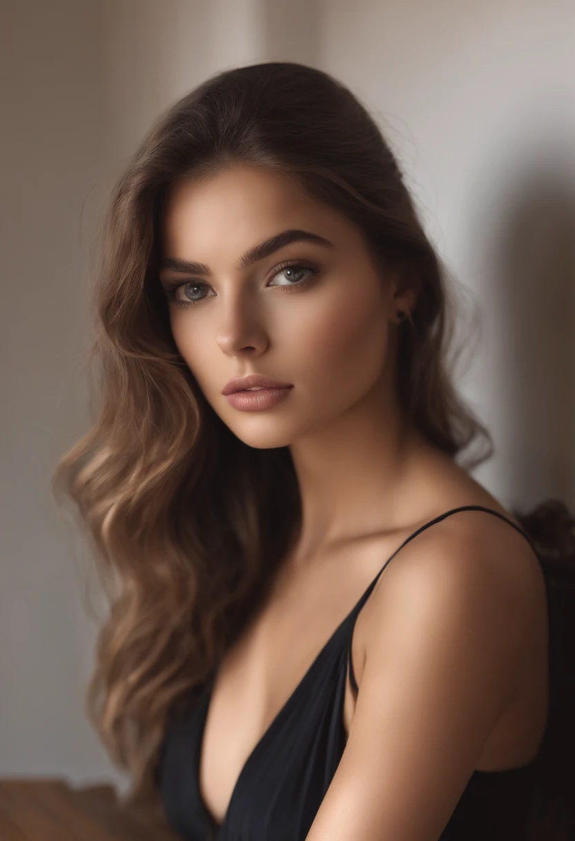 Arafed woman completely , fille sexy aux yeux bruns, ultra realist, Meticulously detailed, Portrait Sophie Mudd, cheveux bruns et grands yeux, selfie of a young woman, Yeux de chambre, Violet Myers, sans maquillage, maquillage naturel, looking straight at camera, Visage avec Artgram, Maquillage subtil, Superbe photo du corps entier assis sur une table, in a classroom Medium to large bust
