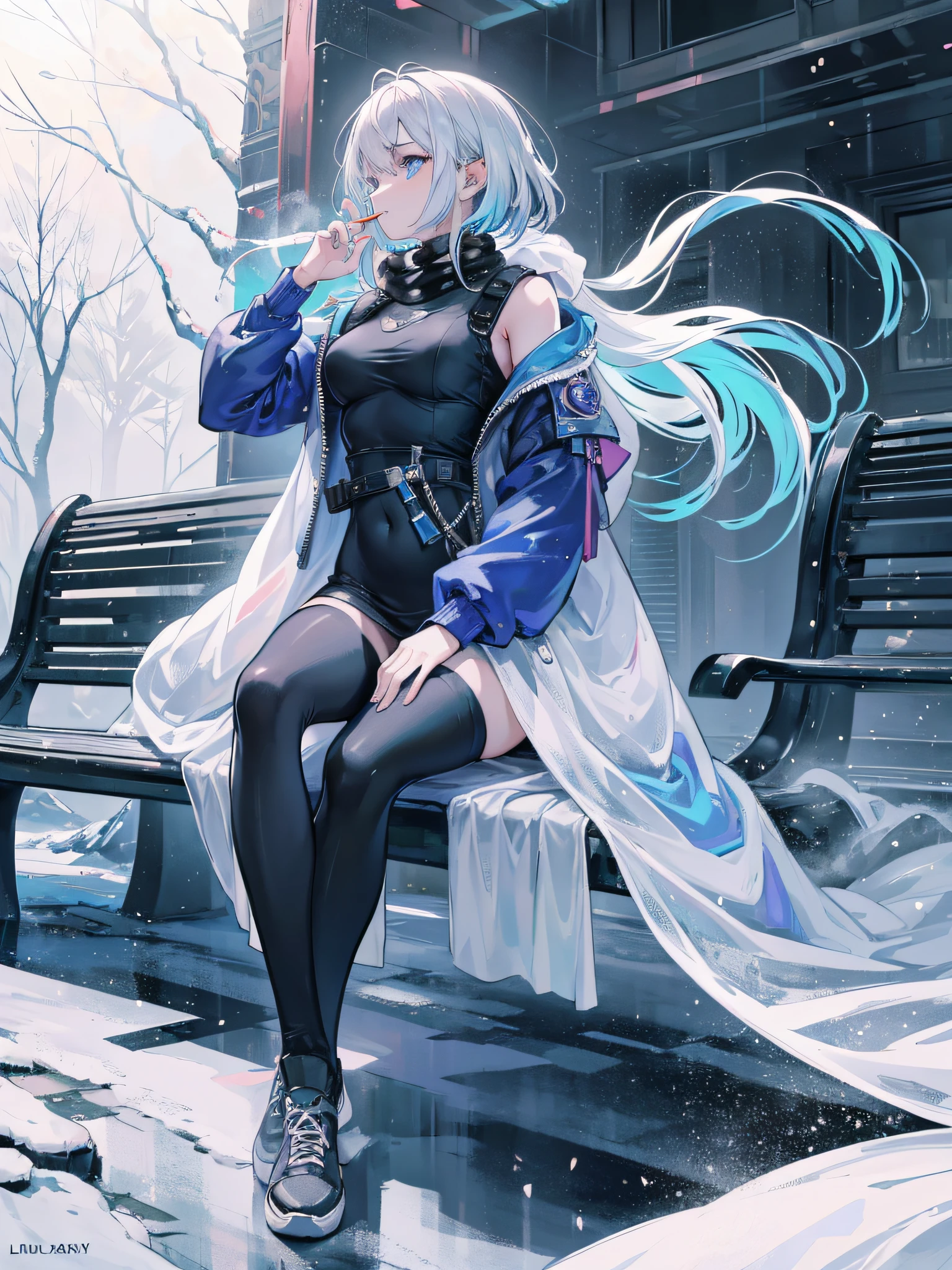 The most beautiful girl in profile sitting on the backrest of a park bench, smoking and blowing smoke, deep blue eyes, luminous and realistic, perfect and small lips, wearing a thick cold jacket, long scarf wrapped around her neck, hair multicolors moving forward, short bob hair, big sideburns, medium breasts, black leggings, white high top sneakers, cherry tree leaves, cold weather with snow on the grass around the ground, {extremely detailed 16k CG unit wallpaper }, expansive landscape photography, (a low view focusing on the character and setting), (wide open field view), (low angle shot), (high light: 1.0), (low light: 1.8), (warm light source: 1.2), complex details, (iridescent colors: 1.8), (bright lighting), (atmospheric lighting), dreamy, magical, aesthetic, ground:1