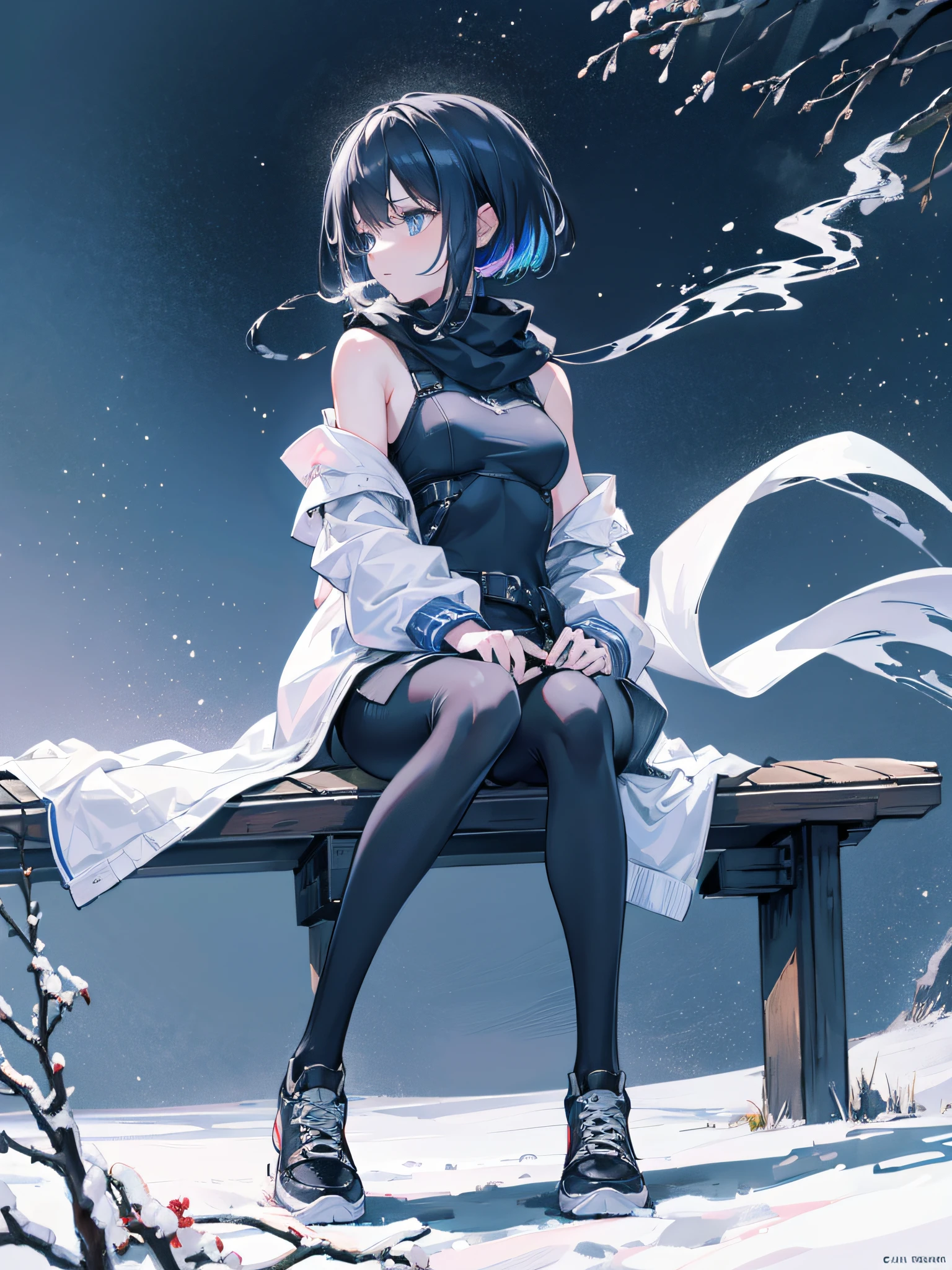 The most beautiful girl in profile sitting on the backrest of a park bench, smoking and blowing smoke, deep blue eyes, luminous and realistic, perfect and small lips, wearing a thick cold jacket, long scarf wrapped around her neck, hair multicolors moving forward, short bob hair, big sideburns, medium breasts, black leggings, white high top sneakers, cherry tree leaves, cold weather with snow on the grass around the ground, {extremely detailed 16k CG unit wallpaper }, expansive landscape photography, (a low view focusing on the character and setting), (wide open field view), (low angle shot), (high light: 1.0), (low light: 1.8), (warm light source: 1.2), complex details, (iridescent colors: 1.8), (bright lighting), (atmospheric lighting), dreamy, magical, aesthetic, ground:1