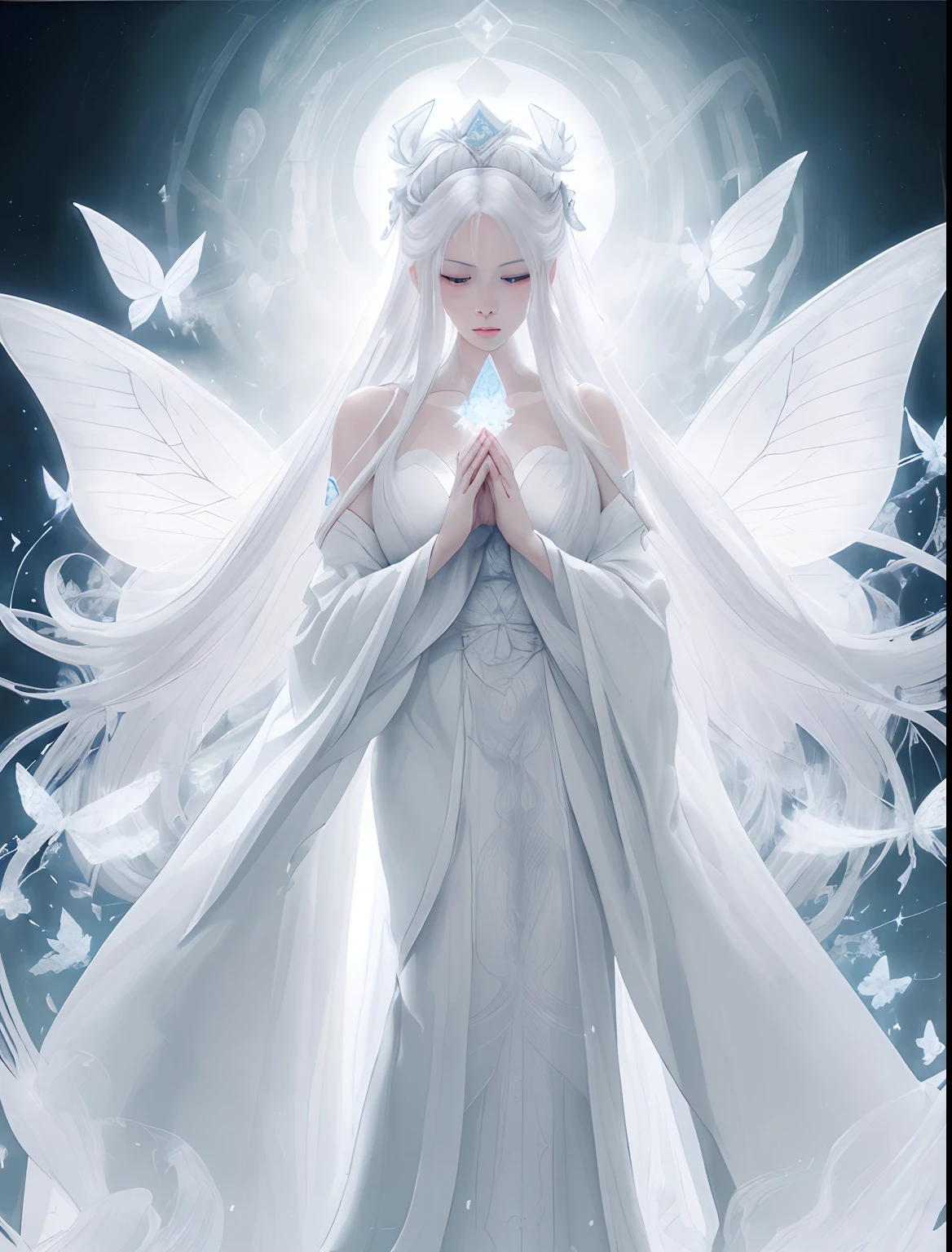 (front view) (full body )ultra detailed illustration of a stunning Goddess, wearing white robes, crystal decorations, white hair, Shining white clothes、extremely pale, extremely white skin,a woman with a very beautiful face、 peachy makeup, art by MSchiffer, best quality, best resolution, JRPG, Xianxia, (closed mouth)Holy Light Butterfly Angel woman,Butterfly wings,Chest shooting(mcu),In the style of rococo pastel colors,Light white and light red,Incredibly beautiful,SakuraNS,Sparkling water reflections,combine,flowing,hyper realisitc,painting of a,etheric,Elsa Burda,stock photograph,Mixed reality and fantasy elements,Ray traching,Complex pattern,Delicate line art,Press Crystal,Exquisite hands