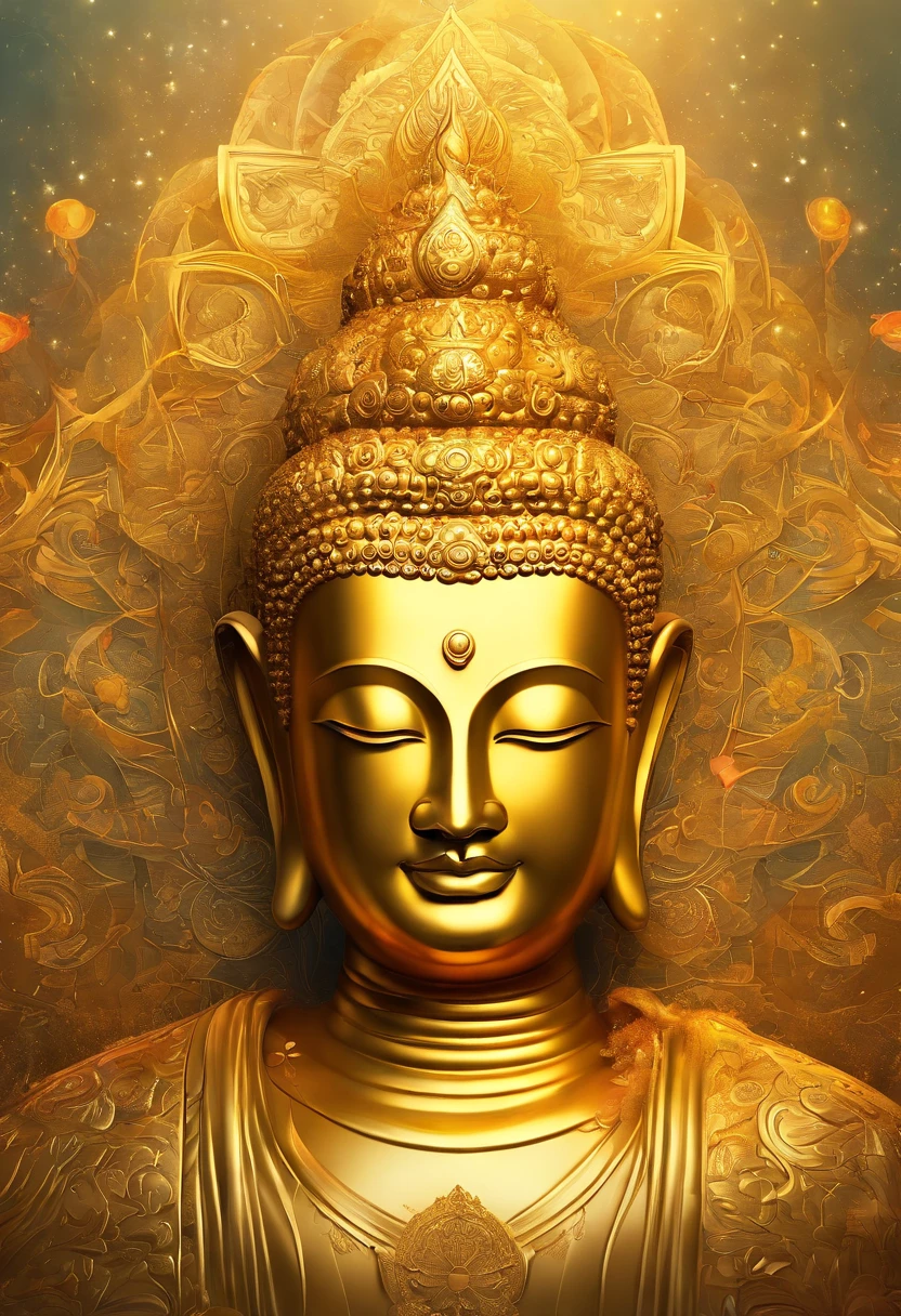 Highly detailed portrait of a huge golden Buddha with a halo of the sun god，golden colored，Background gold,