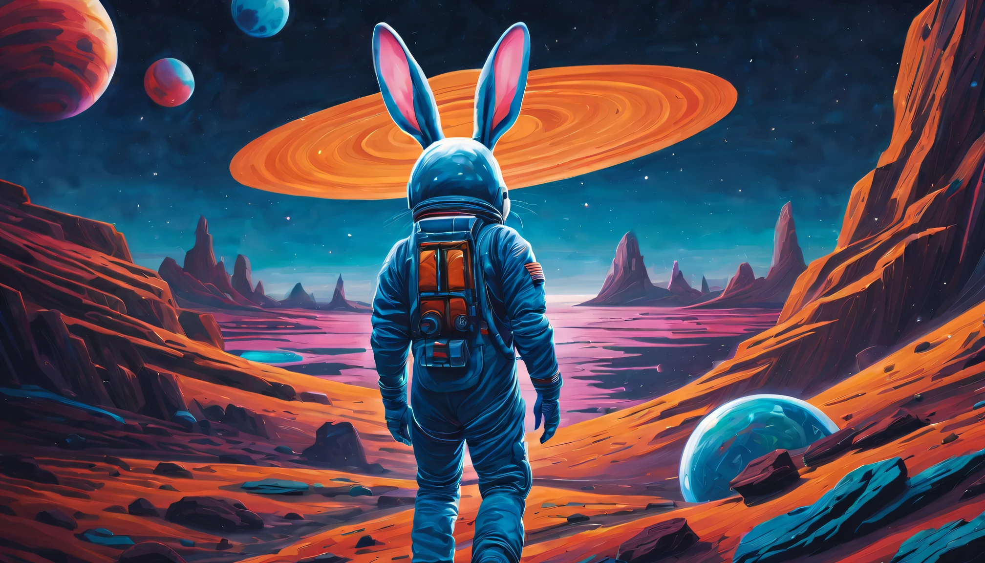 oil painted，(((A bioluminescent rabbit))), horrified expression, Dressed in a high-tech spacesuit,  Stand on the windowsill，Look at the Earth with a space background in front of you, Post-apocalyptic background style, Bright warm colors, Movie poster, Compelling documentary photographs, Earthworks, metallic rotation, IMAX, 21st century, The man in the spacesuit is gone & Wander through a landscape surrounded by planets, In the style of Imax, Anna Dietman, Alexey Briklot, Alex Colville, centered image, hyper detailed illustration, posing on a, (Four colors), Whimsical, Enchanting, children's storybook, (ink lines:1.1), strong outline, art by mschiffer, Bold markers, unframed, High contrast, (cel-shaded:1.1), vectorial, 32K resolution, Best quality, Flat colors, Flat lights. The fusion of art and mathematics, ultra - detailed, trending on art station, Sharp focus, Studio photography, intricately details, Highly detailed, Centered, perfectly symmetrical,