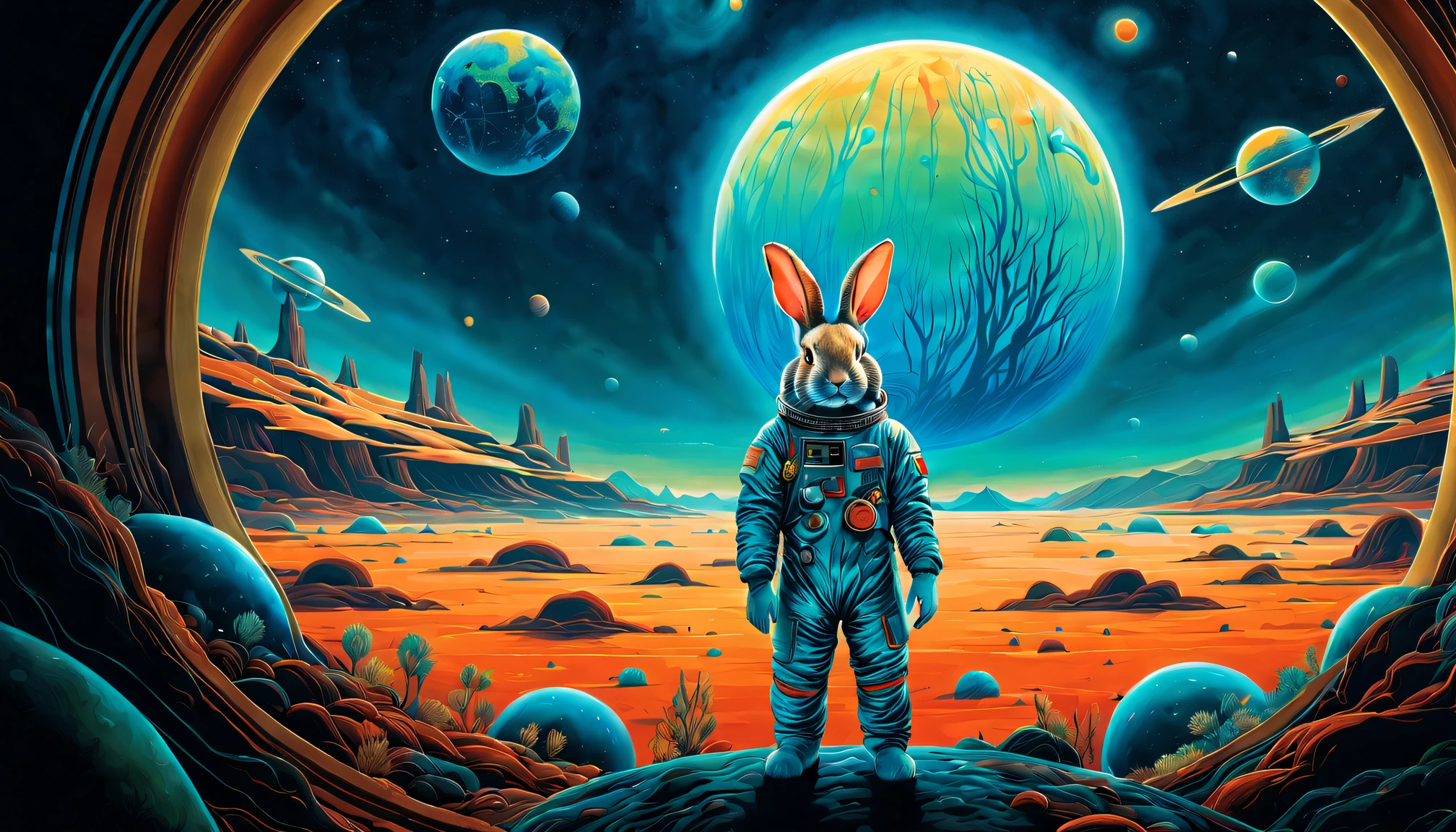 oil painted，(((A bioluminescent rabbit))), horrified expression, Dressed in a high-tech spacesuit,  Stand on the windowsill，Look at the Earth with a space background in front of you, Post-apocalyptic background style, Bright warm colors, Movie poster, Compelling documentary photographs, Earthworks, metallic rotation, IMAX, 21st century, The man in the spacesuit is gone & Wander through a landscape surrounded by planets, In the style of Imax, Anna Dietman, Alexey Briklot, Alex Colville, centered image, hyper detailed illustration, posing on a, (Four colors), Whimsical, Enchanting, children's storybook, (ink lines:1.1), strong outline, art by mschiffer, Bold markers, unframed, High contrast, (cel-shaded:1.1), vectorial, 32K resolution, Best quality, Flat colors, Flat lights. The fusion of art and mathematics, ultra - detailed, trending on art station, Sharp focus, Studio photography, intricately details, Highly detailed, Centered, perfectly symmetrical,