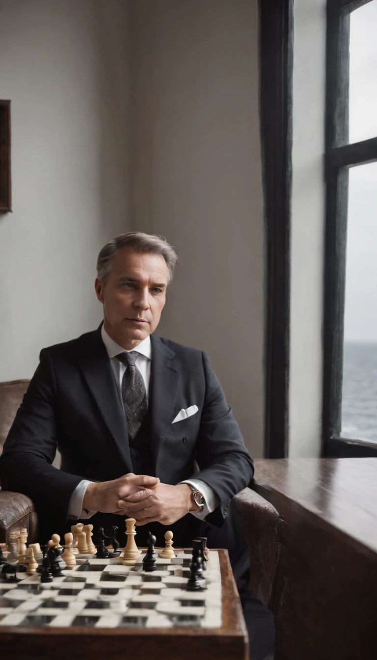 A lawyer is sitting on his porch, que faz parte do seu home office, admiring the view from the 12th floor. The sun is about to rise and the sound of the waves of the sea and the singing of birds create a serene and tranquil atmosphere. He is dressed in a well-cut suit and holds a glass of wine in one hand. Na mesa baixa em frente a ele, There is a chessboard with some black and white pieces. He is immersed in a game of chess with himself, seeking to enhance their strategic skills and their critical thinking power to make more accurate decisions.A lawyer sitting in his comfortable chair, na varanda de seu Home Office, com ar pensativo, next to the glass window on the 12th floor, from where one can only hear the noise of the waves breaking in the sea and giving song to the birds, after all it's 5 to.m.. He's wearing a well-cut suit and holds a glass of wine in one hand, while the other rests on the low, simple table where there is a tray with some black and white pieces. The lawyer is involved in a game of chess with himself, where it seeks to acquire strategic skill and critical thinking power, to make your decisions.