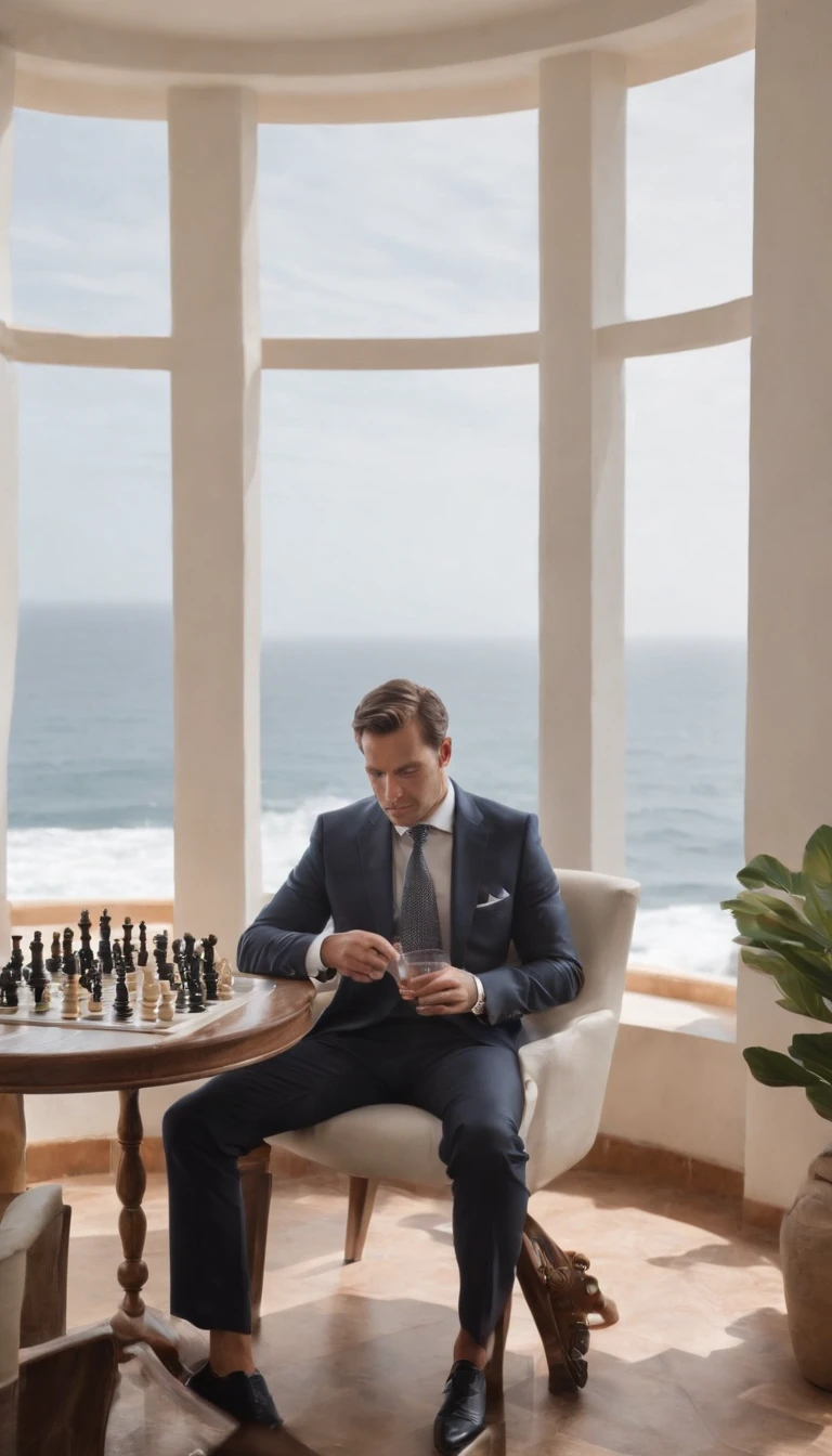 A lawyer is sitting on his porch, que faz parte do seu home office, admiring the view from the 12th floor. The sun is about to rise and the sound of the waves of the sea and the singing of birds create a serene and tranquil atmosphere. He is dressed in a well-cut suit and holds a glass of wine in one hand. Na mesa baixa em frente a ele, There is a chessboard with some black and white pieces. He is immersed in a game of chess with himself, seeking to enhance their strategic skills and their critical thinking power to make more accurate decisions.A lawyer sitting in his comfortable chair, na varanda de seu Home Office, com ar pensativo, next to the glass window on the 12th floor, from where one can only hear the noise of the waves breaking in the sea and giving song to the birds, after all it's 5 to.m.. He's wearing a well-cut suit and holds a glass of wine in one hand, while the other rests on the low, simple table where there is a tray with some black and white pieces. The lawyer is involved in a game of chess with himself, where it seeks to acquire strategic skill and critical thinking power, to make your decisions.