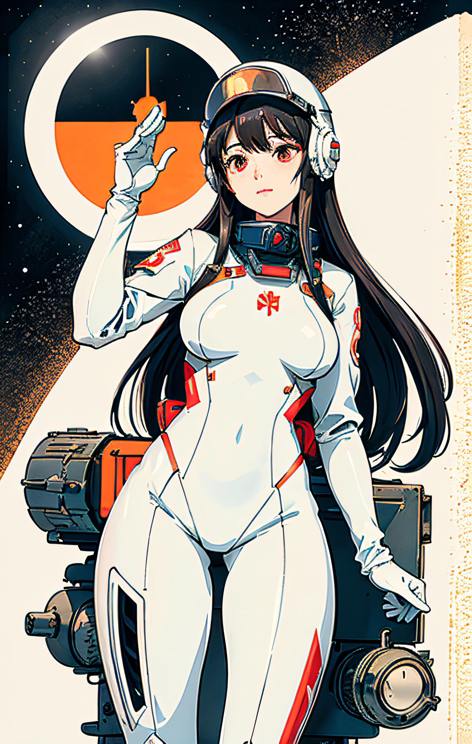 1girl,flat_breasts,cute,beautiful detailed eyes,shiny hair,visible through hair,hairs between eyes, CCCPposter, sovietposter,red monochrome,soviet poster, soviet,communism, Black_hair,red_eyes,vampire,teenage,poorbreast,Spacesuit:Orange_clothing_body:jumpsuit),white_gloves, white_space shoes, white_helmet, the CCCP red letters on the top of helmet, weightlessness, Side light, reflection, The person in the spacesuit is at the bottom left of the frame, The right hand is outstretched, the right hand gently touches the Salyut space station), Space station in the upper right corner of the screen, Reflected light from the sun, Silver metal,red flag, brilliance,USSR style, diffuse reflection, Metallic texture, The vista is a blue Earth,mecha style,the sea of star,high tone, magnificent